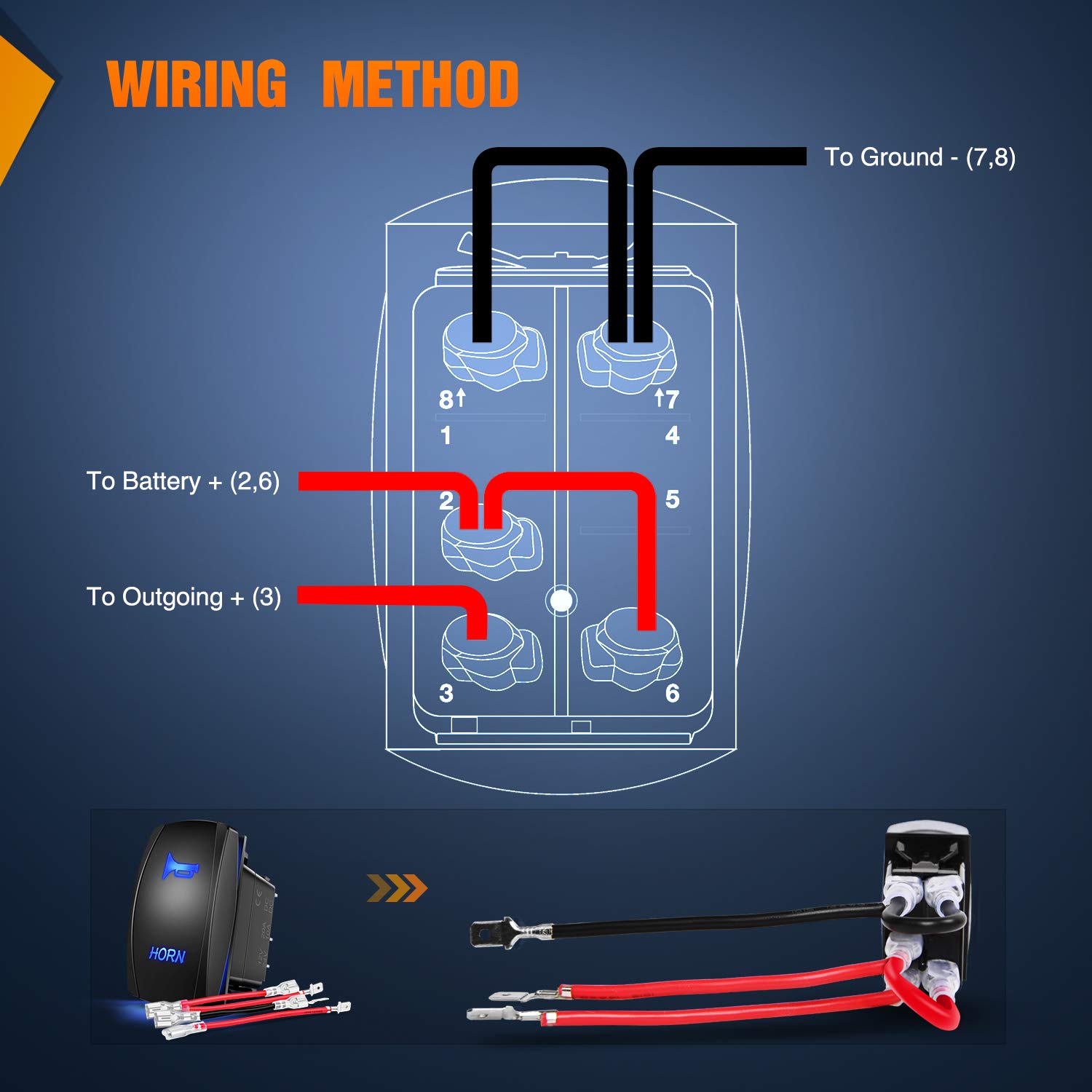 Nilight Horn Switch Momentary Laser Rocker Switch 5PIN On/Off LED Light 20A/12V 10A/24V Switch with Jumper Wires Set for Cars Jeeps Boats Trucks (90126B) image 5