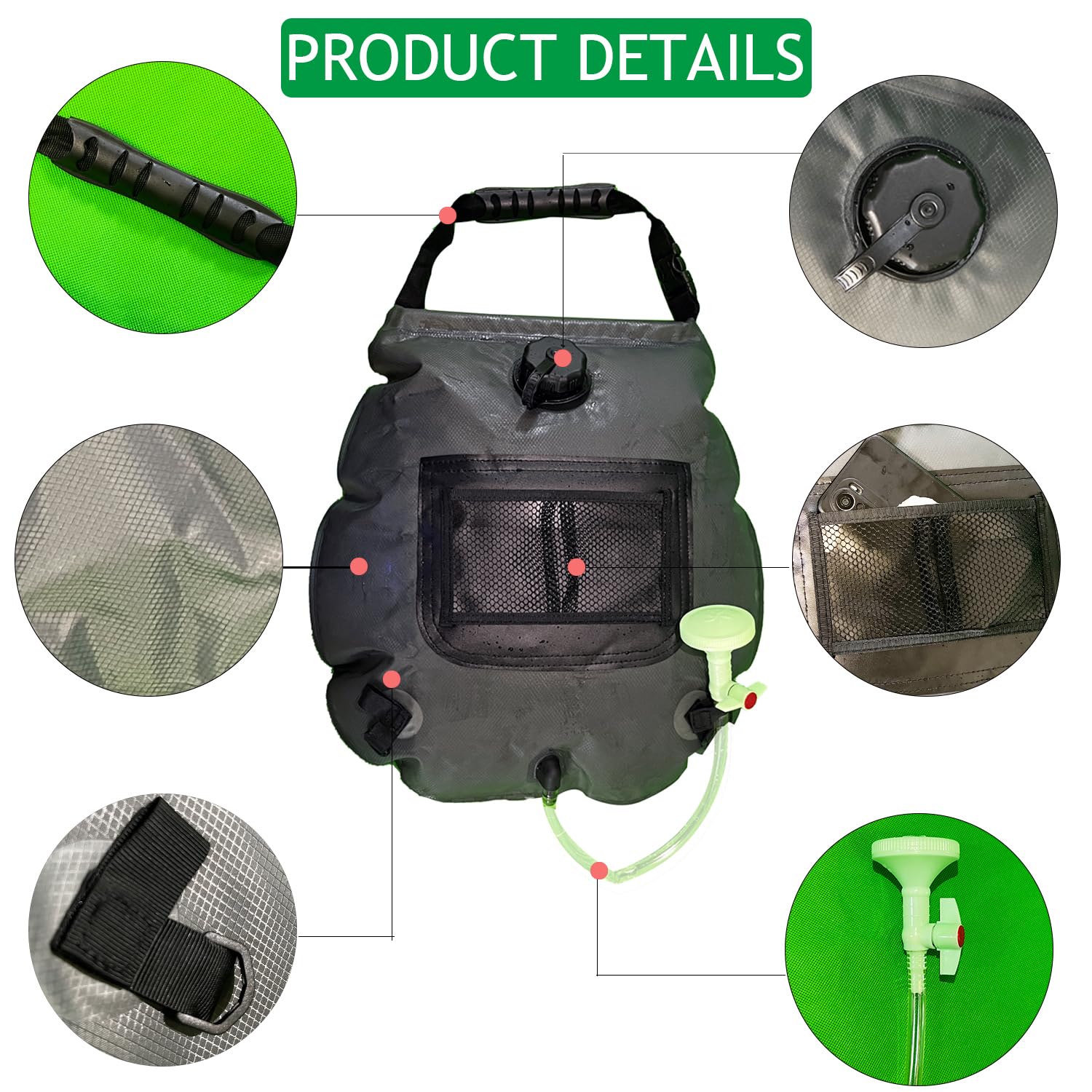Doccia Solare da Campeggio 5 Gal/20l Doccia Campeggio Portatile Doccia Camper con Tubo Removibile e Switch Testa Doccia Switchable per Campeggio Viaggi Spiaggia