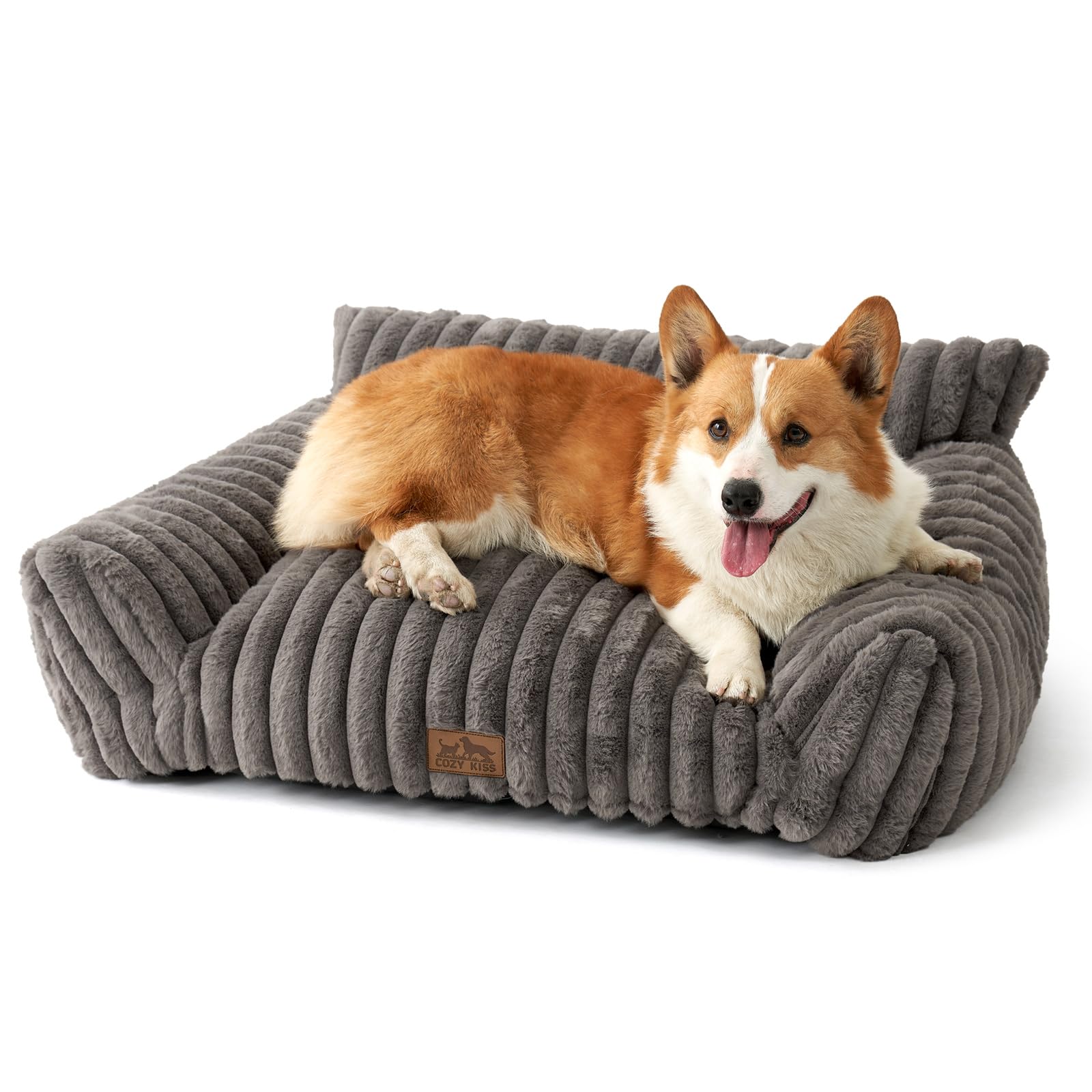 COZY KISS Medium Dog Sofa Bed 80x60x33 cm - Orthopedic Cat Bed for Indoor Cats, Large Washable Pet Sofa & Puppy bed with Head and Neck Support, Faux Fur Rope Design Couch, Anti-Slip Bottom, Grey