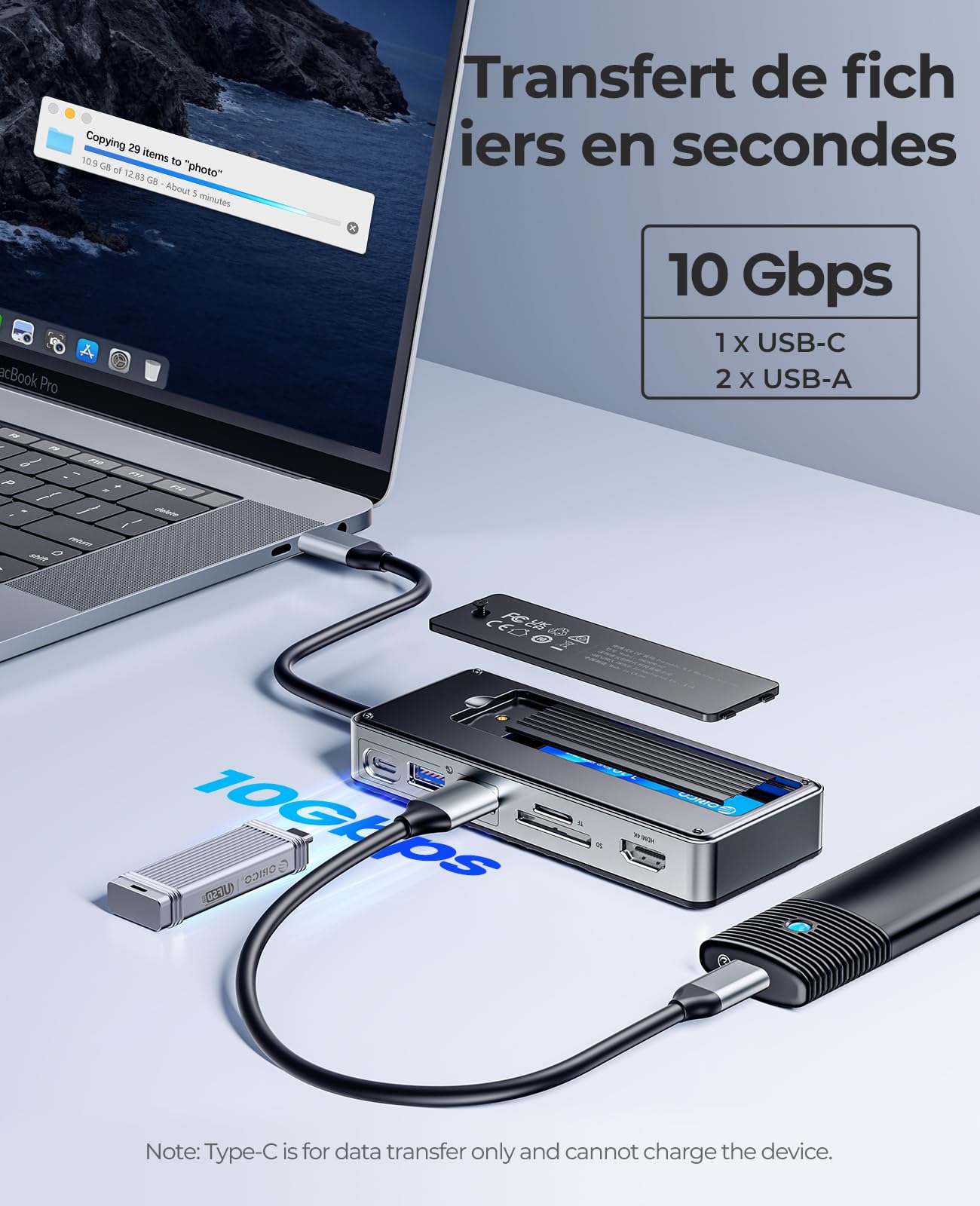 ORICO 8-en-1 Station d'accueil USB C avec Boîtier SSD M.2, Hub USB C avec SSD M.2 NVMe/SATA, Adaptateur Multiports USB 10Gbps, HDMI 4K@60Hz, 100W PD, SD/TF, Docking Station - OM28P