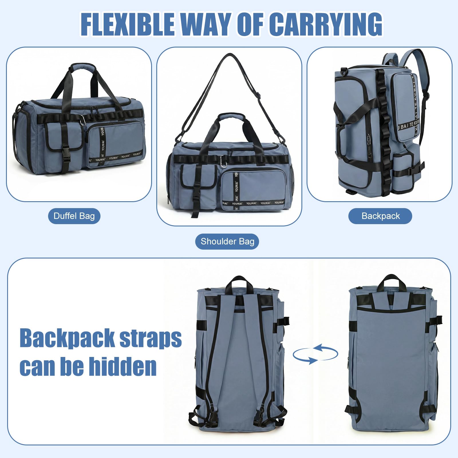 Bolsa de deporte de viaje para hombre y mujer, grande, 65 L, con compartimento para zapatos y compartimento húmedo, gran capacidad, bolsa de viaje, bolsa de natación, bolsa de dormir (azul) — view 7