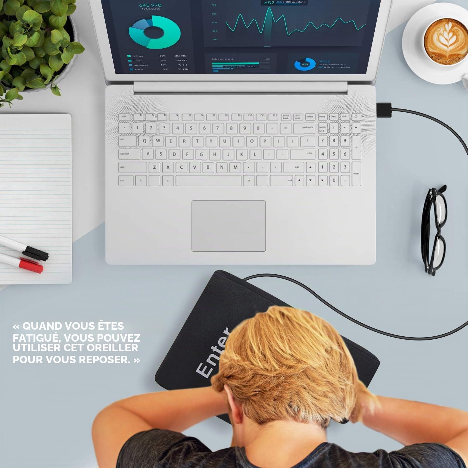 Grand Coussin USB en Forme de Touche d’entrée Coussin Anti-Stress pour Bureau, Maison et Voyage d'affaires (Noir)