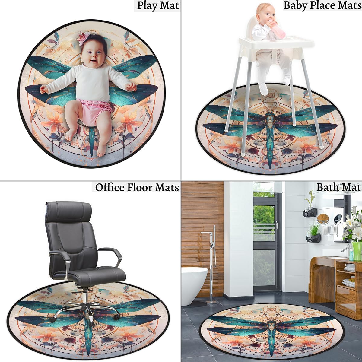 Classical Dragonfly 36.2inch Round Indoor Rug, Washable Anti Slip, Room Decor Circle Carpet for Bedroom Living Room Pad
