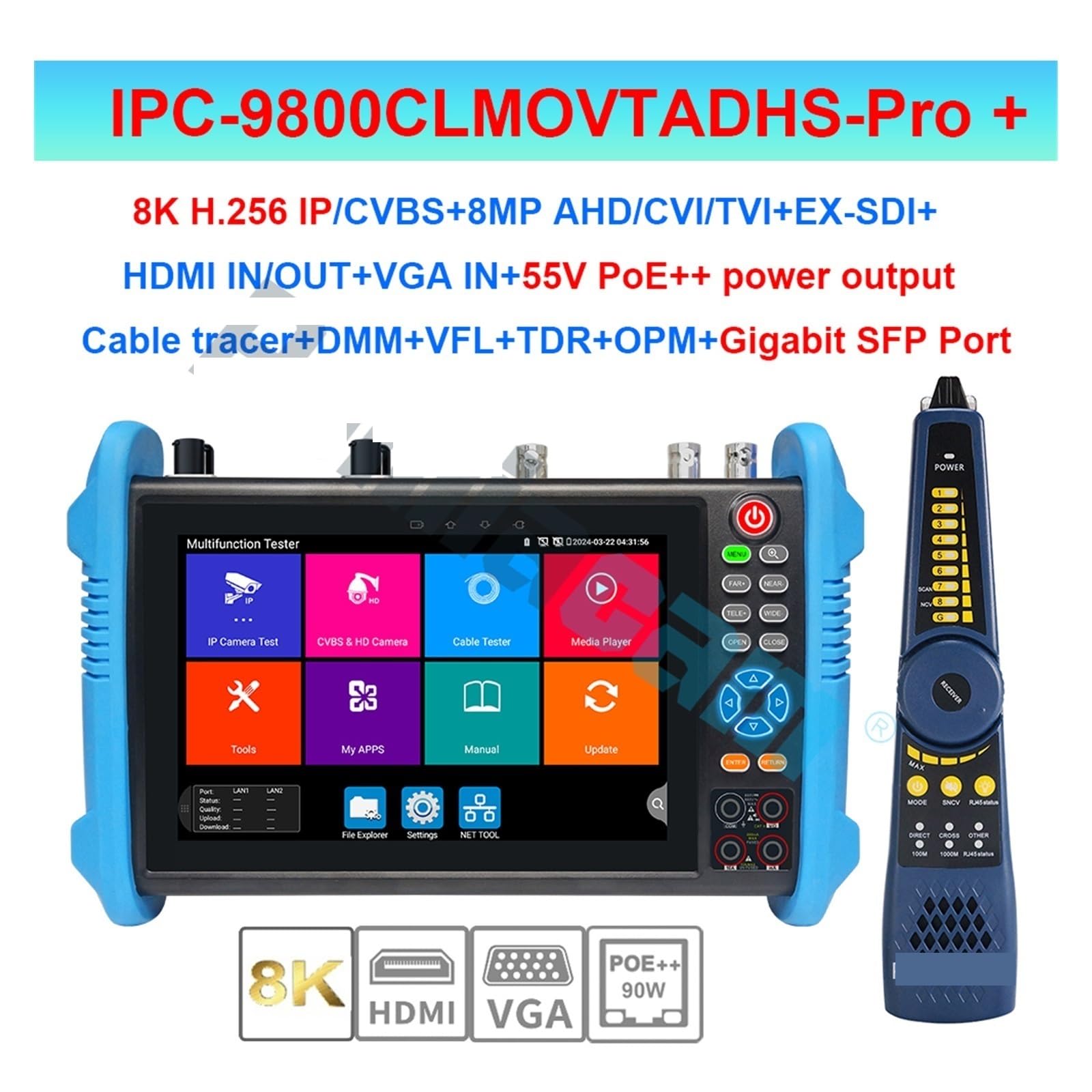 CCTV Tester, Tester IP Analogico TVI CVI AHD CCTV 8K H.265 90W PoE++ Ingresso E Uscita HDMI, VGA Porte Gigabit Doppie Porta SFP Test Cavo UTP