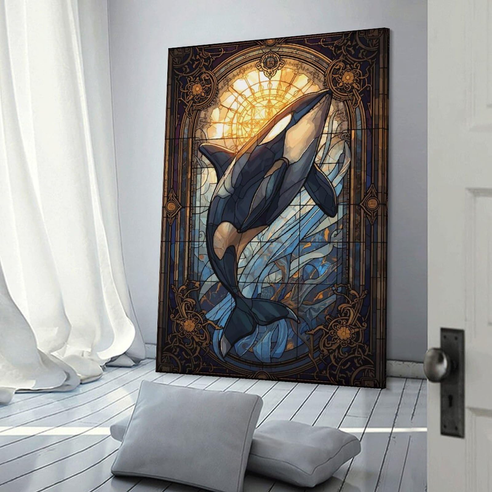 Junmoney Frame-Style-11 Orca Stained Glass Canvas Wall Picture, 24X36inch(60X90cm), For Study, Office Or Focused Interiors, Home Office Artwork With Decorative Appeal