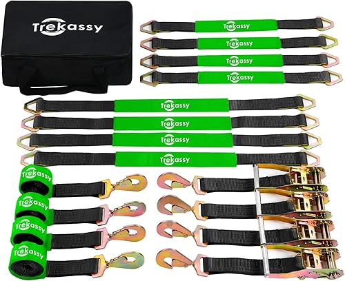 Trekassy Correas de amarre de automóvil para remolques con ganchos a presión (4 unidades), correas de trinquete de 2 x 96 pulgadas, resistencia a la