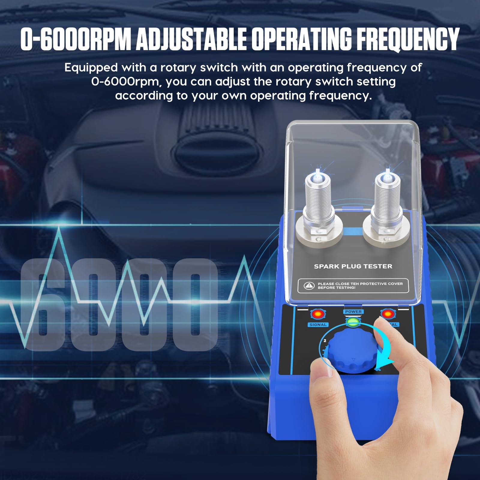PLAYOCCAR Tester per candele Accensione 220V - Rivelatore Candele per Auto a Doppio Foro per Candele da 12 mm, Frequenza Regolabile 0~6000RPM con Coperchio Protettivo Veicoli a 12 V.
