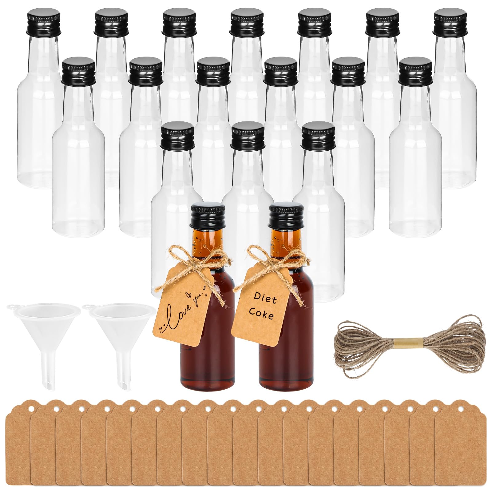 Mini Bouteilles Alcool 50ml Avec étiquettes - Lot De 18 Flacons + Entonnoirs Pour Cadeaux, Mariage, Fête (PET)