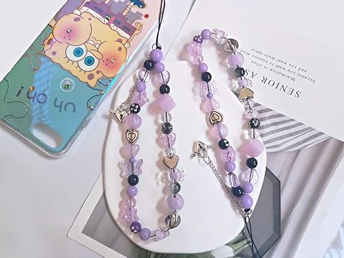 Miniatura 5 de Meefisher Dije de mariposa púrpura Y2K con cuentas para teléfono celular, correa hecha a mano con cuentas de muñeca de flores acrílicas, regalos