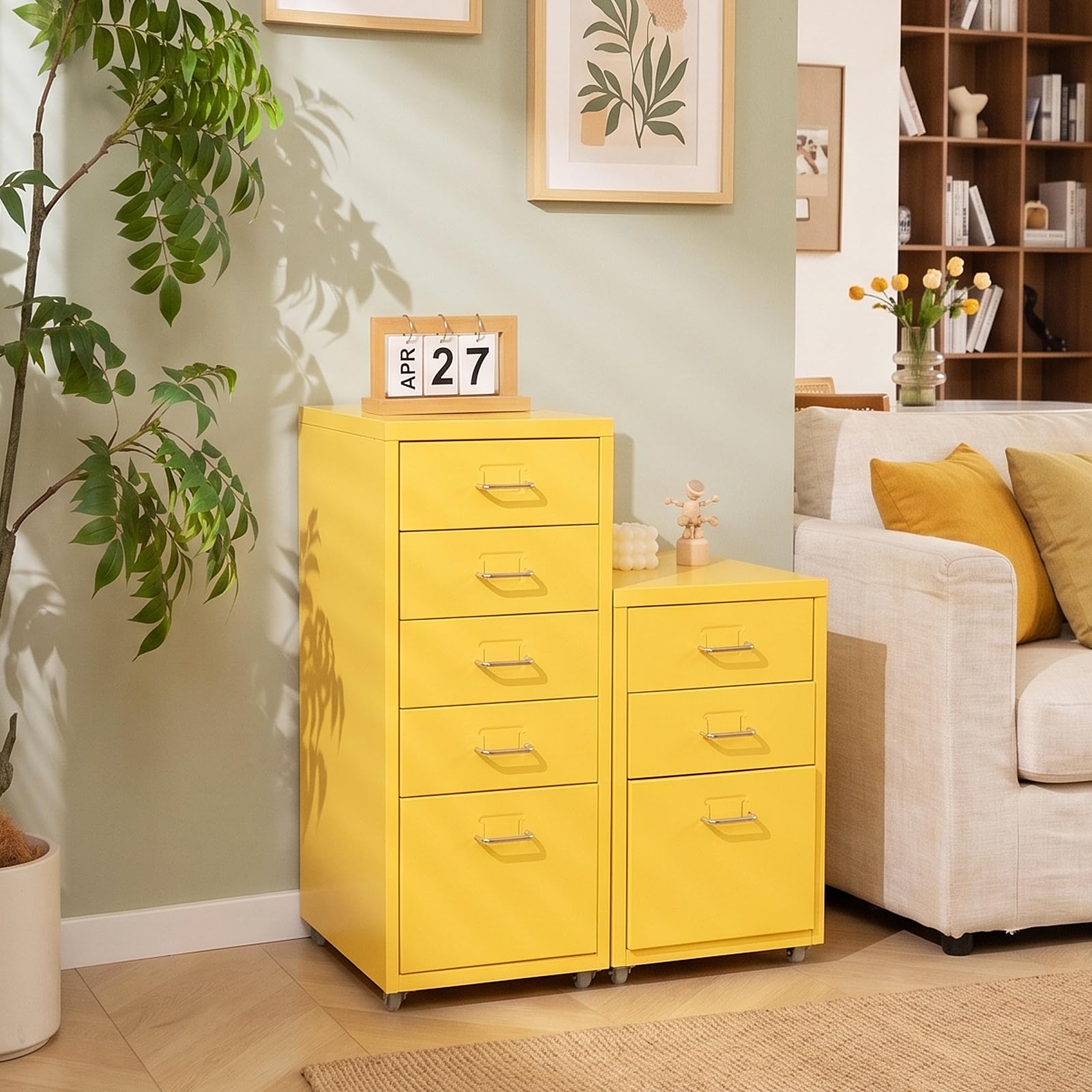 HollyHOME Archivador móvil de 5 cajones, organizador de archivos con ruedas, gabinete de almacenamiento de metal con ruedas para el hogar, la oficina y la escuela,amarillo claro