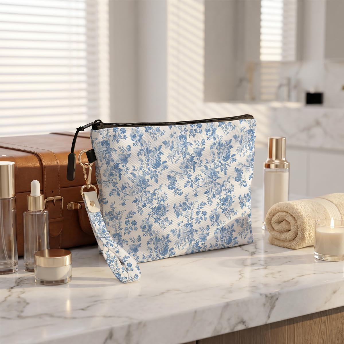 Fokongna Makeup Bag with Matching Keychain Wristlet, Floral Cosmetic Bag