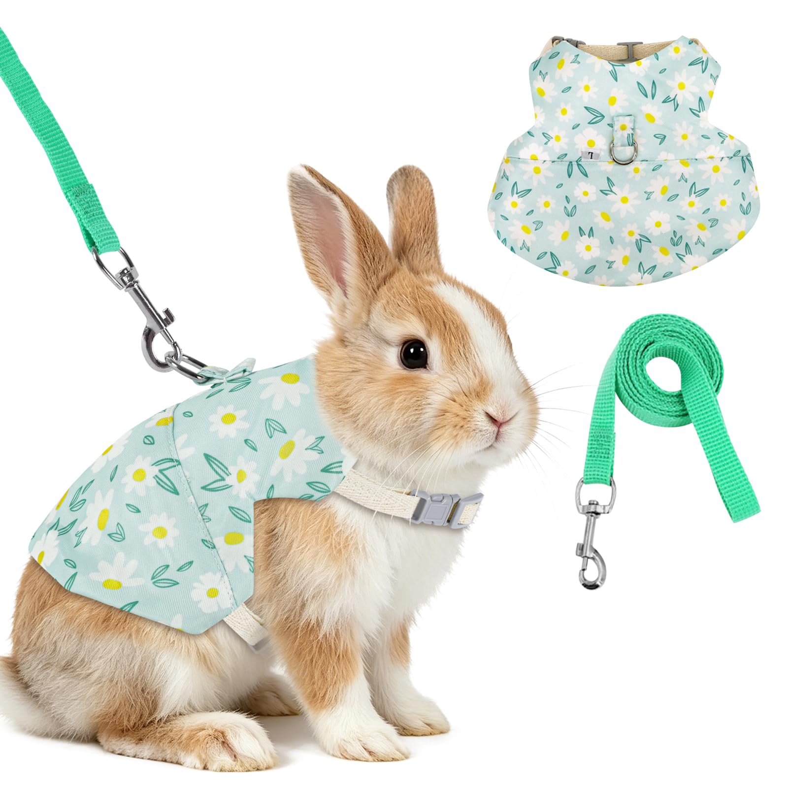 Yanmucy Bunny Harness and Leash Set Adjustable Escape Proof Rabbit Harness Double Buckle Bunny Accessories for Small Animal Pets Walking Training (Green Daisy, L -Chest(11.8-16.5in))