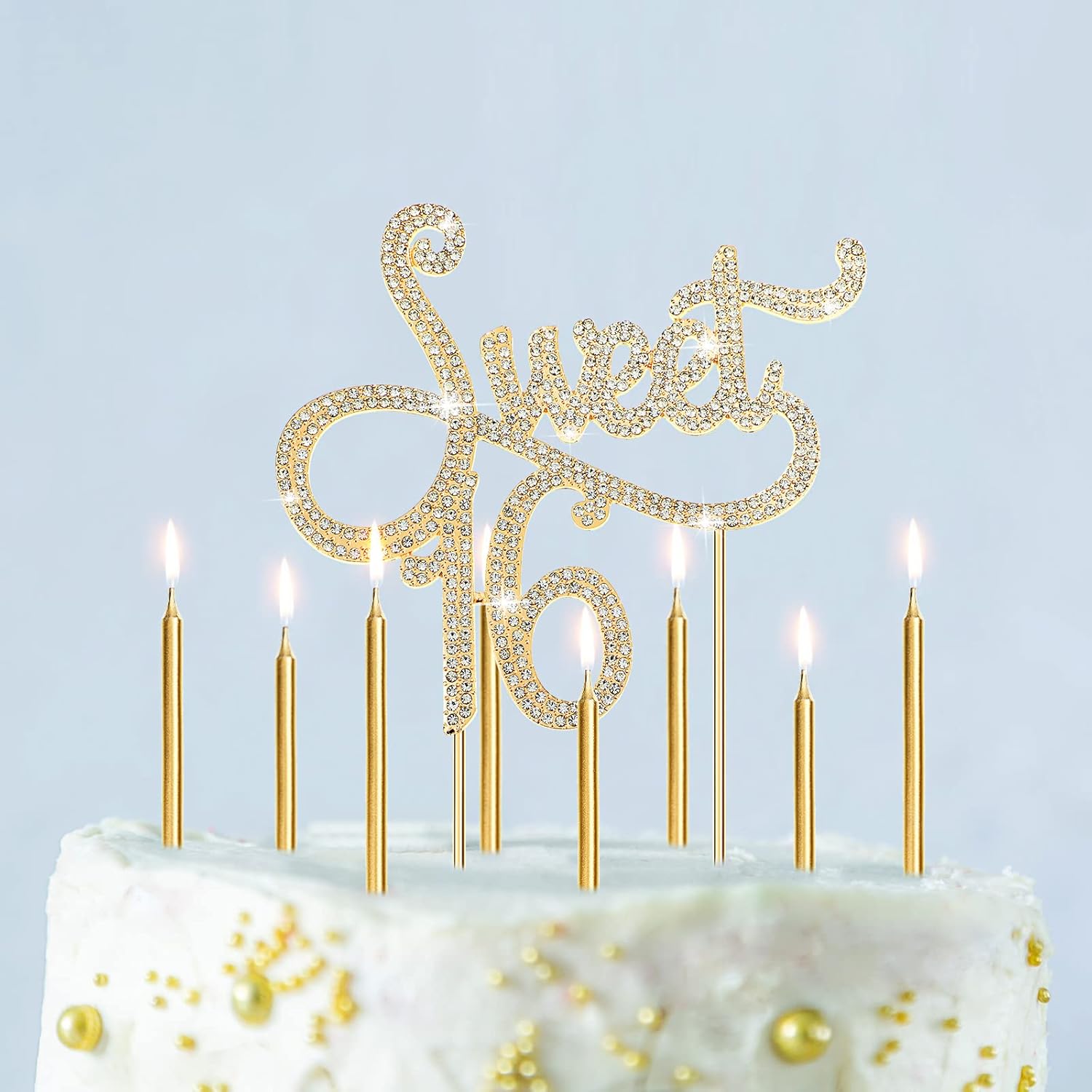 Tondiamo Sweet 16 Birthday Decorations Rhinestone Sweet 16 Cake Toppers 20 Pcs Metallic Happy Birthday Candles 16 Cake Decorations for Cupcake Decor(Gold White)