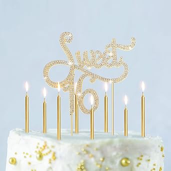 Tondiamo Sweet 16 Birthday Decorations Rhinestone Sweet 16 Cake Toppers 20 Pcs Metallic Happy Birthday Candles 16 Cake Decorations for Cupcake DecorGold White