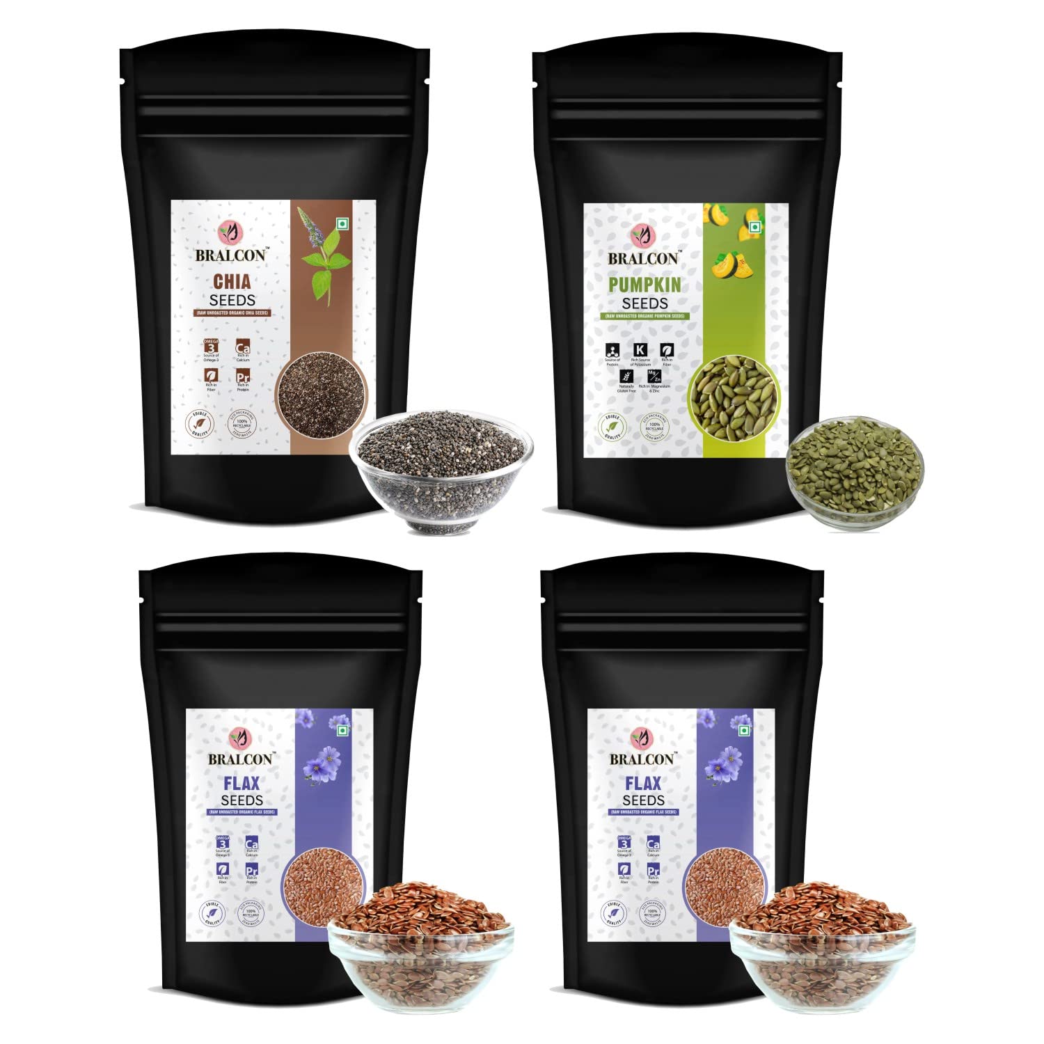 BRALCON Raw Organic Seeds Combo Pack - 400g | (Flax Seeds- 200g, Chia Seeds-100g, Pumpkin Seeds- 100g) | Unroasted Mix Seeds for eating with Omega 3 and rich in Fiber, Calcium & Protein | Diet Snacks (B0BDQKY9YB) Amazon Price History, Amazon Price Tracker