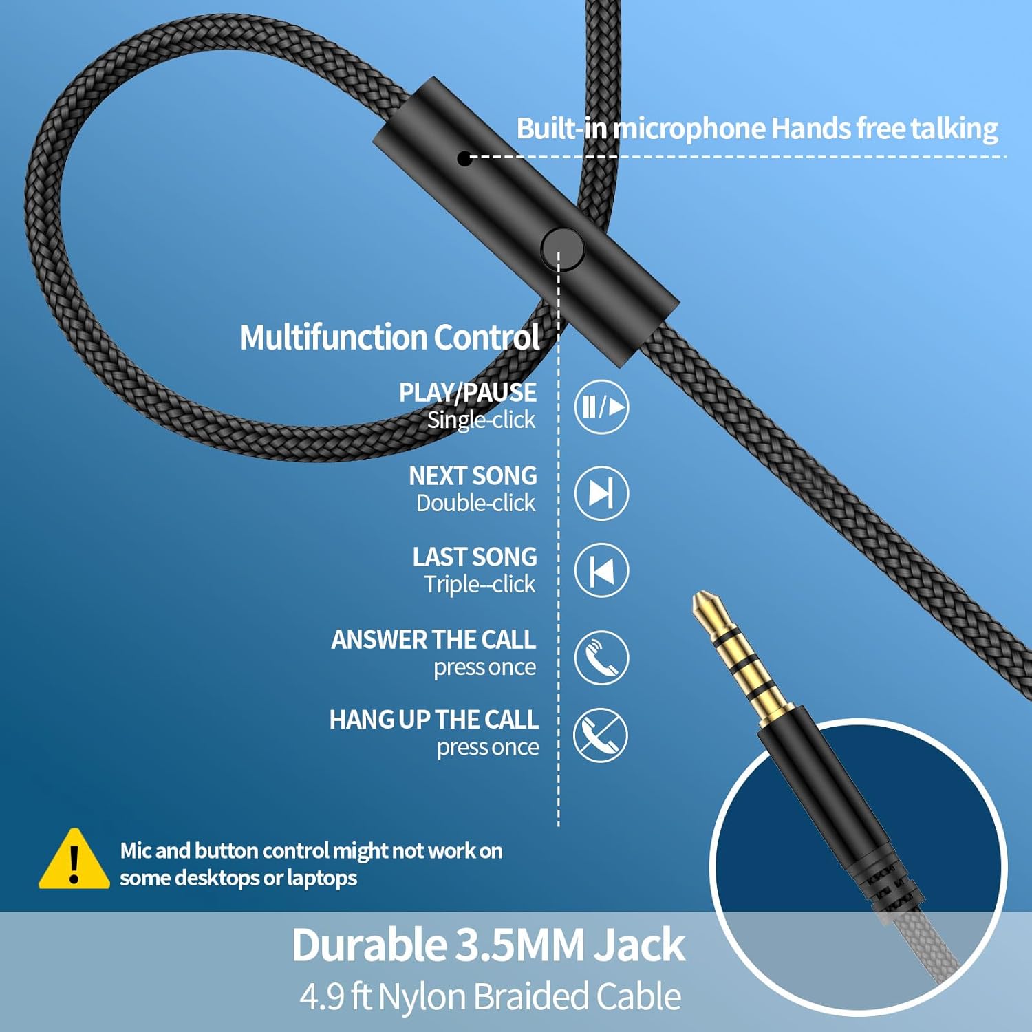 W4 Wired Headphones with USB C Adapter, Over Ear Headset with Mic, 3.5mm AUX Plus Type-C Plug, 4.9ft Extra Long Cord for iPhone 17/16/15, Samsung, iPad, PS5, School & Travel, Foldable - Image 2