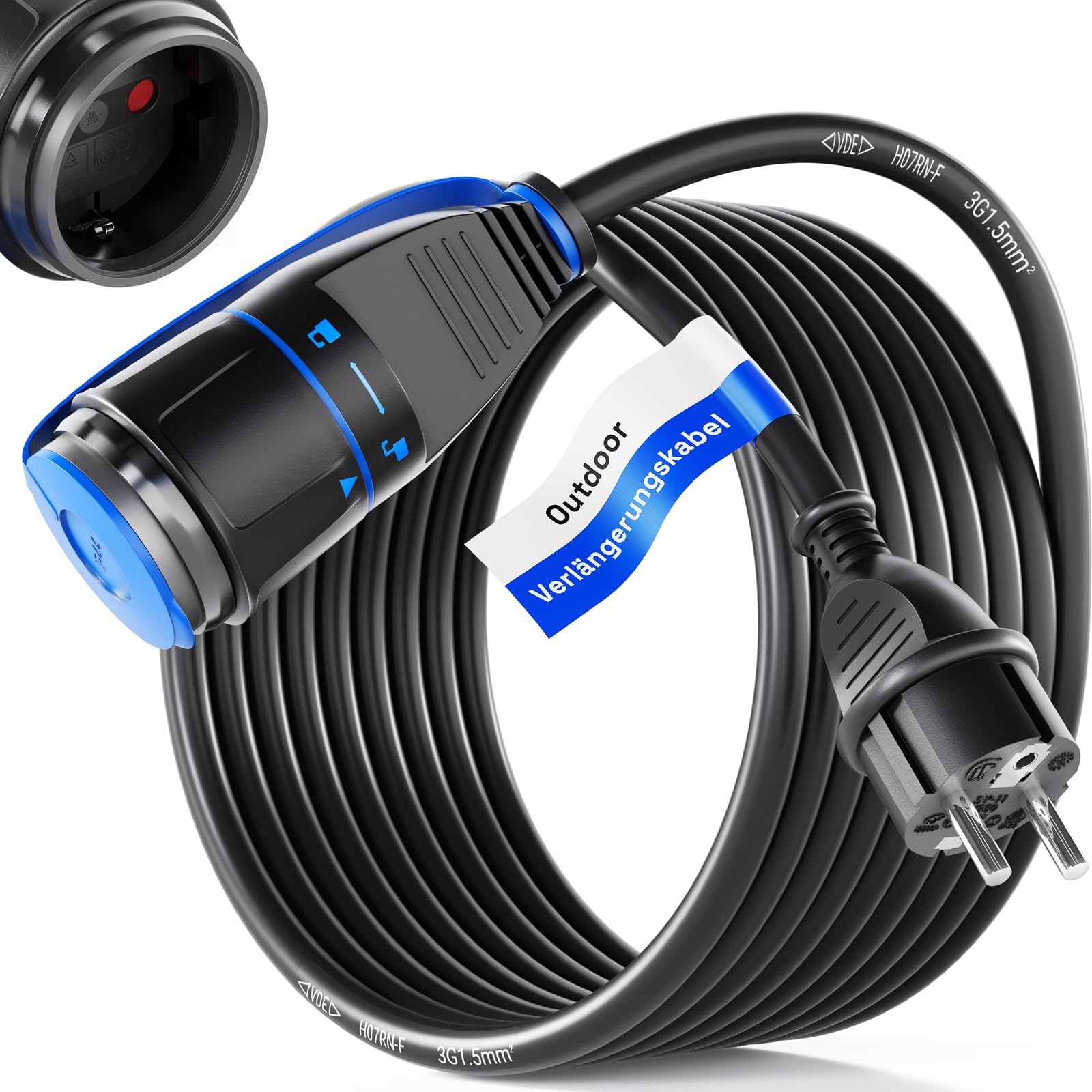 hb-digital Cable alargador de 3 m con sistema de bloqueo, enchufe acodado a conector hembra bloqueable, 12 kg, conexión de fuerza de tracción, ahorra espacio, naranja-negro