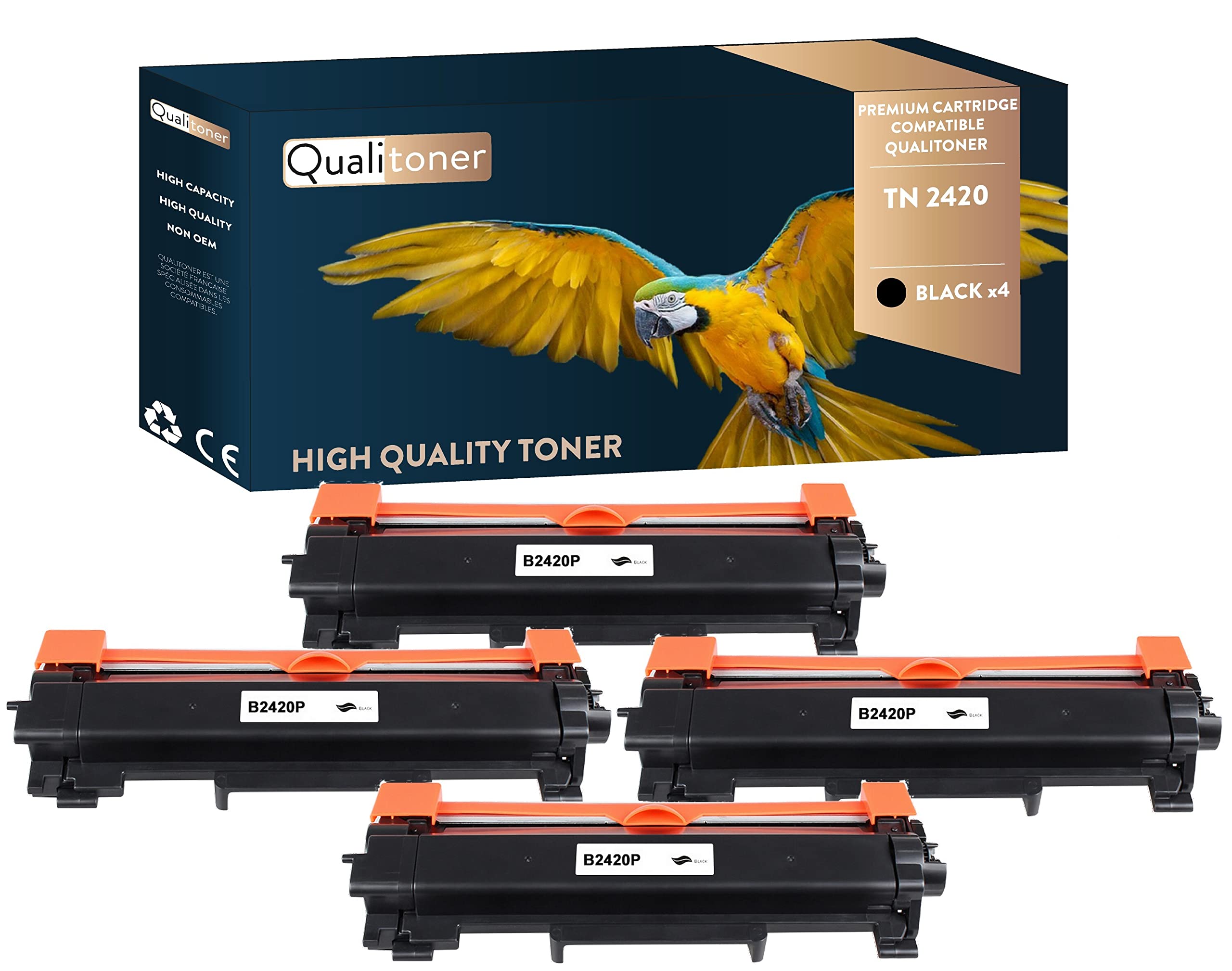 QUALITONER - Toners x4 - TN2420 TN 2420 Noir - Compatible pour Brother HL-L2350DW L2310D L2357DW L2375DW L2370DN,Brother MFC-L2710DN L2710DW L2730DW L2750DW,Brother DCP-L2510D L2530DW L2537DW L2550DN