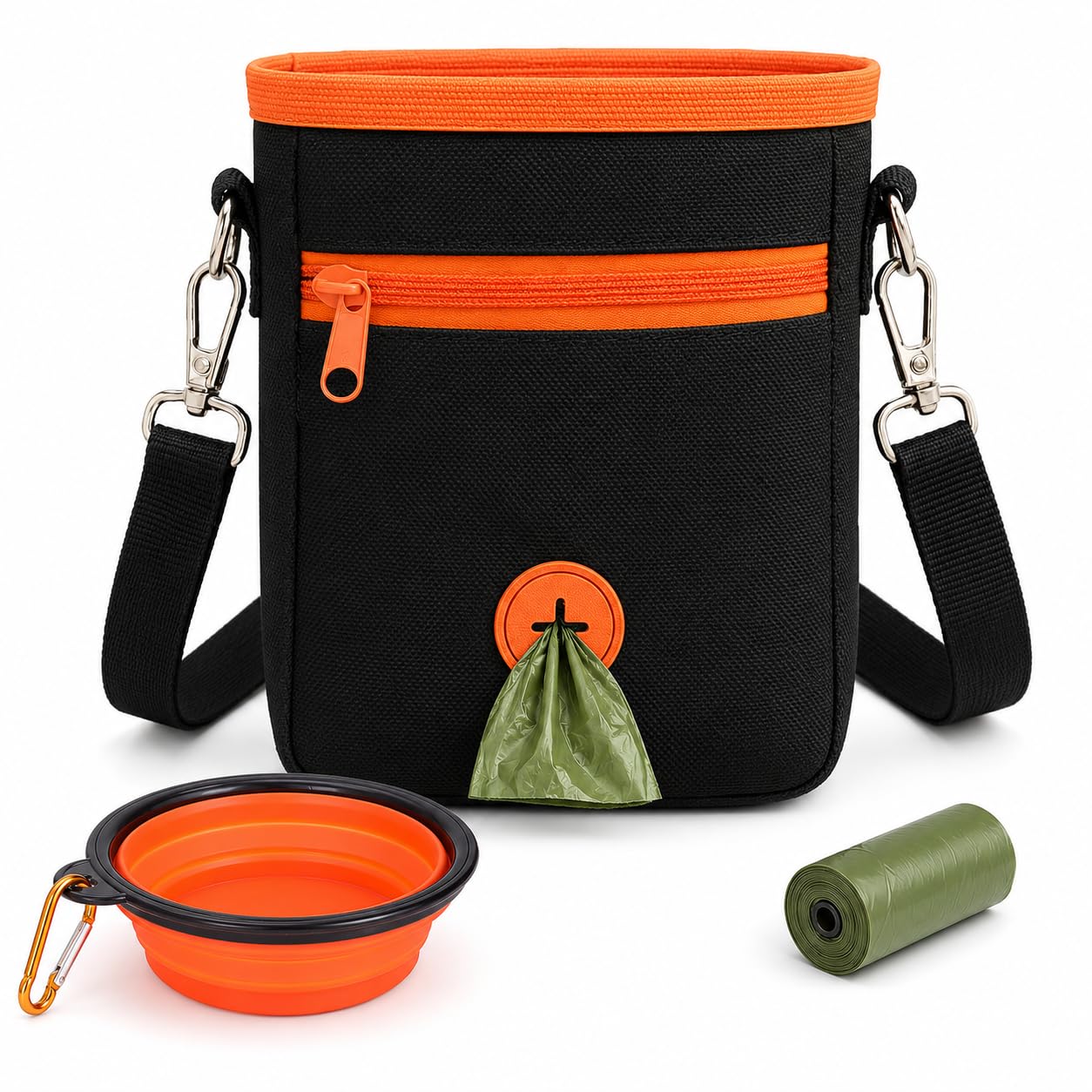 BJFITIFY Dog Treat Pouch Bag, 5-6 Cup Dog Training Treat Bag with Drawstring Closure, Poo Bag Dispenser, 350ml Collapsible Bowl, Adjustable Waist Belt and Belt Clip, Oxford Dog Walking Bag
