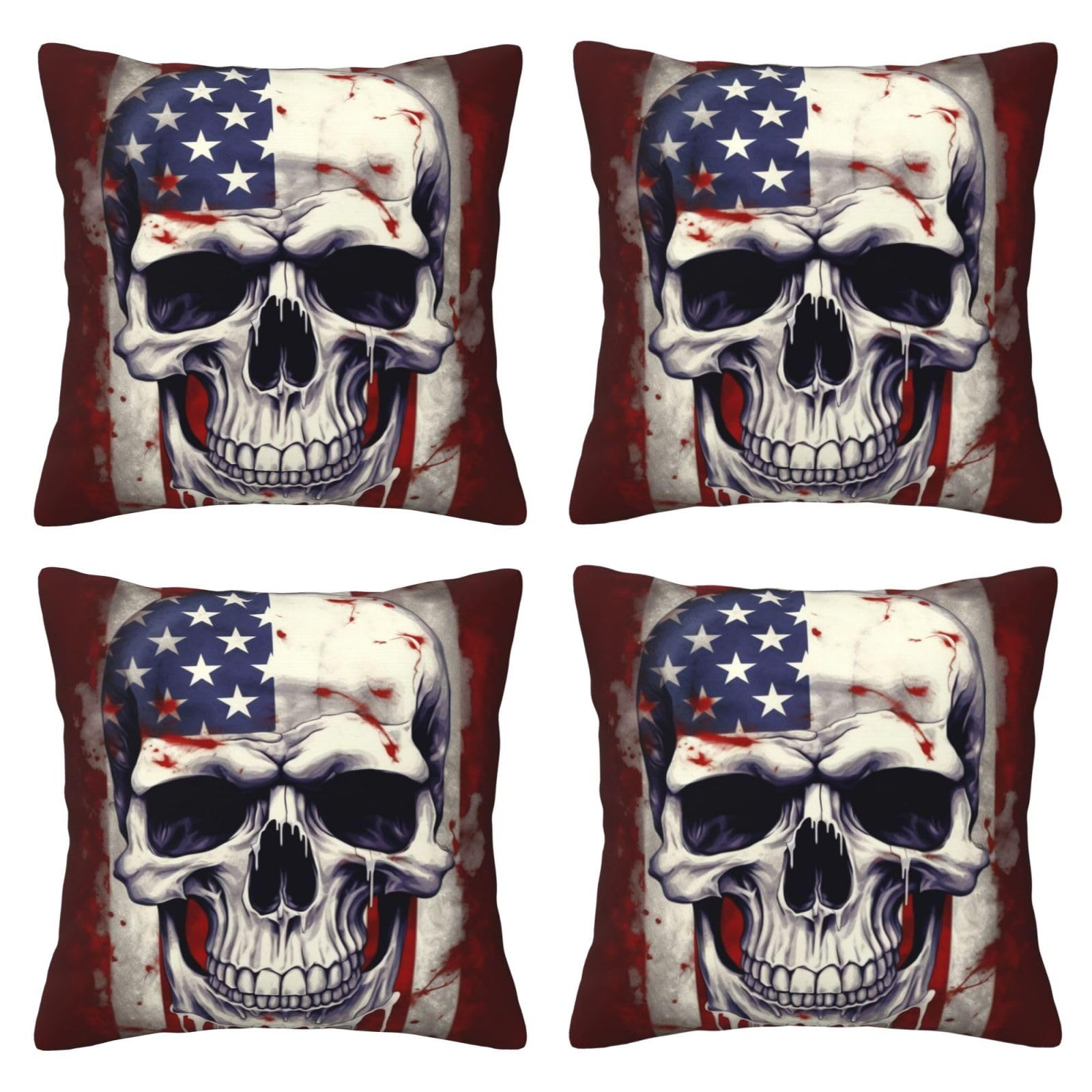 American Flag Skull Throw Pillow Cases 4 Pack Square Pillowcases Super Soft Pillow Protectors With Zipper for Couch Livingroom Sofa Bed Office Car,40x40 CM