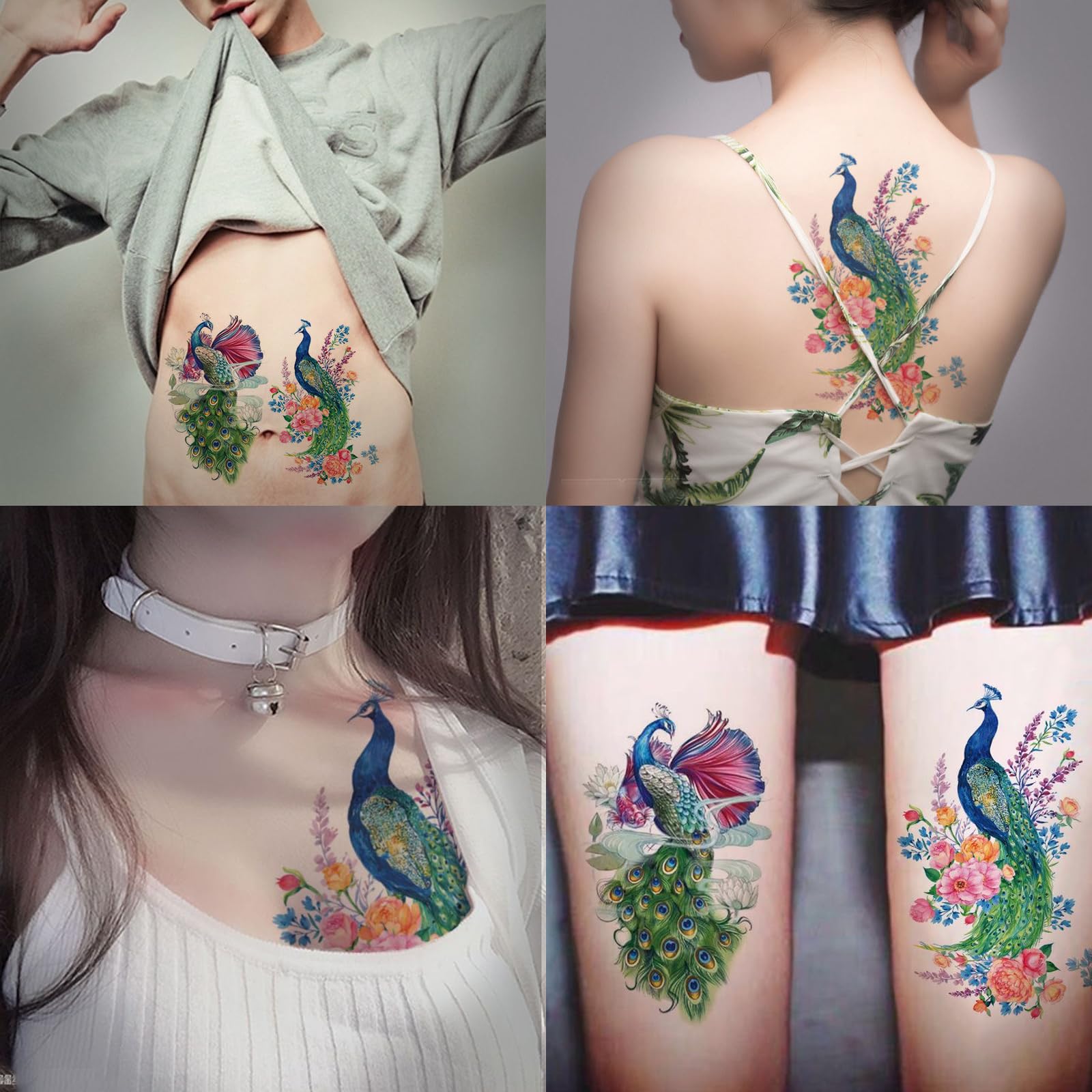 Nirbffo Large Temporary Tattoos Peacock Flowers Legs Arm Belly Back Waterproof Sticker 4 Sheets, Green - Image 2