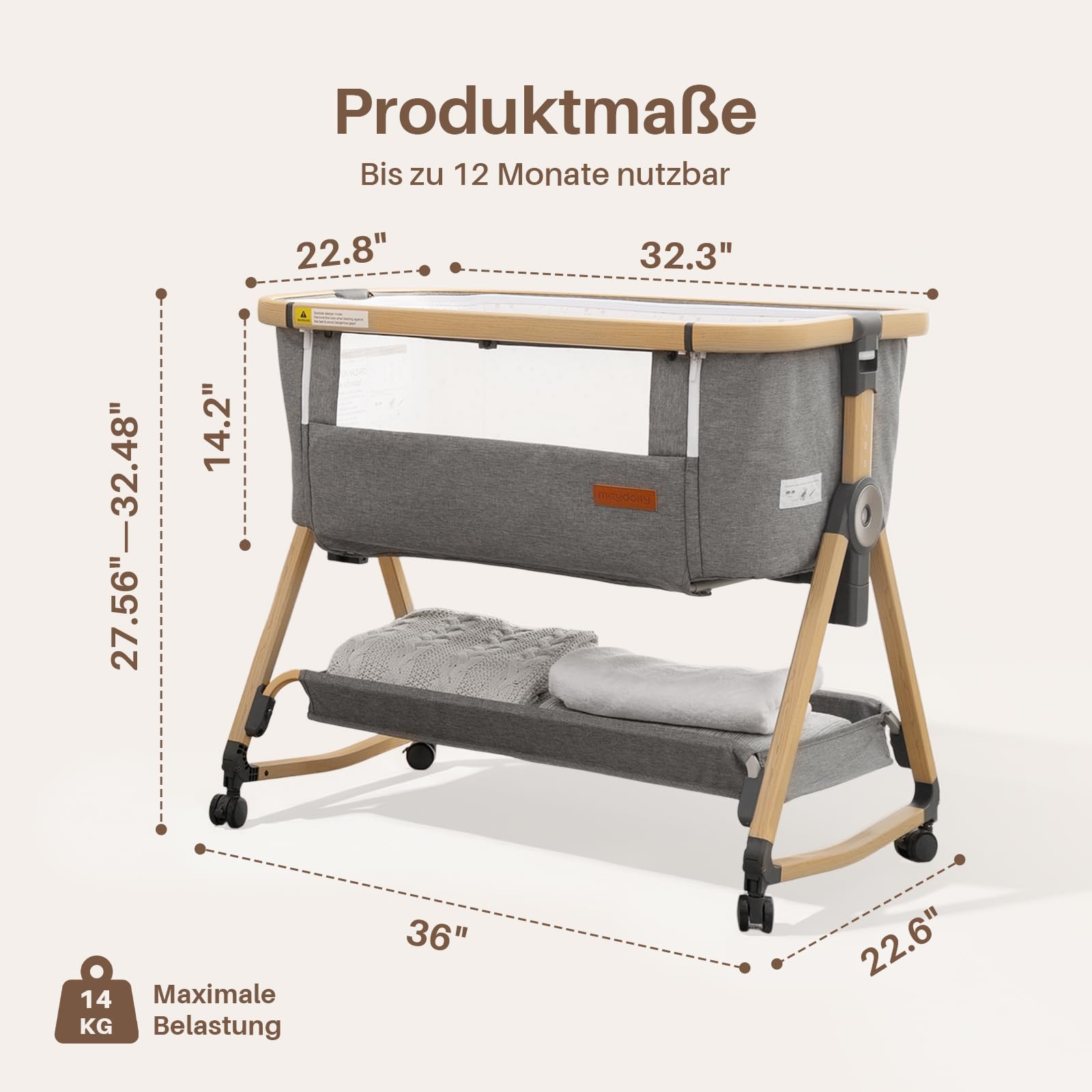Maydolly 3-in-1 Baby Beistellbett – Vielseitiges Beistellbett, Reisebett & Stubenwagen inklusive Matratze & Moskitonetz – Höhenverstellbar mit Rollen, klappbar und mit Tragetasche – Grau