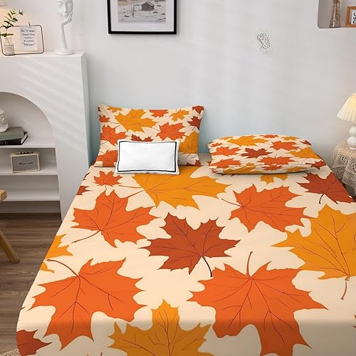 Miniatura 3 de Juego de sábanas de hojas de otoño tamaño King, sábanas de microfibra suave, bolsillo profundo, sábanas y fundas de almohada estampadas sin arrugas,