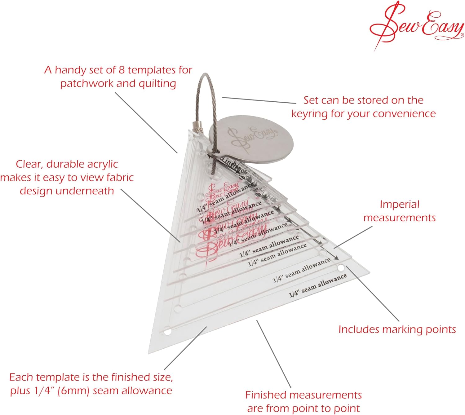 Sew Easy Mini Template – 8 Triangle Set Quilting & Patchwork Shapes for Applique Sewing, Transparent Acrylic Non-Slip, 0.75 – 3”