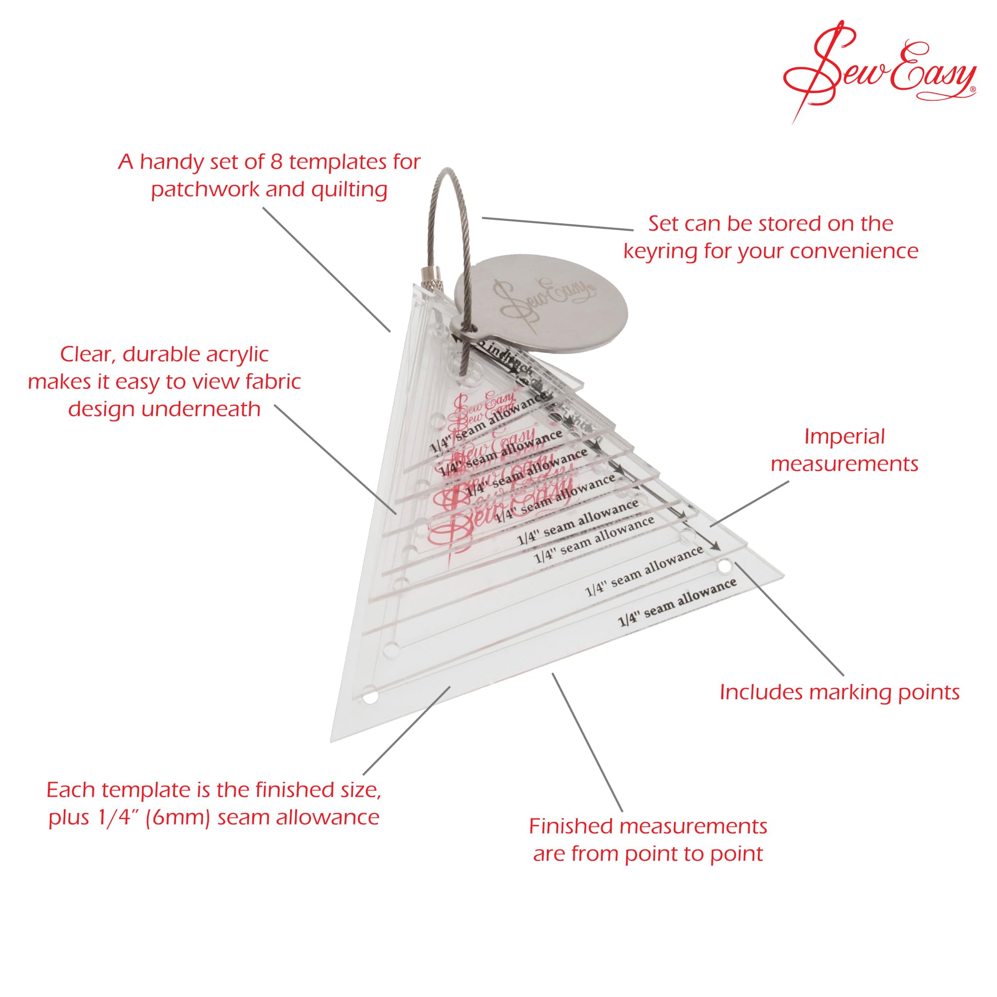 Sew Easy Mini Triangle Templates - 8 Piece Set For Quilting & Patchwork With 1/4" Seam Allowance