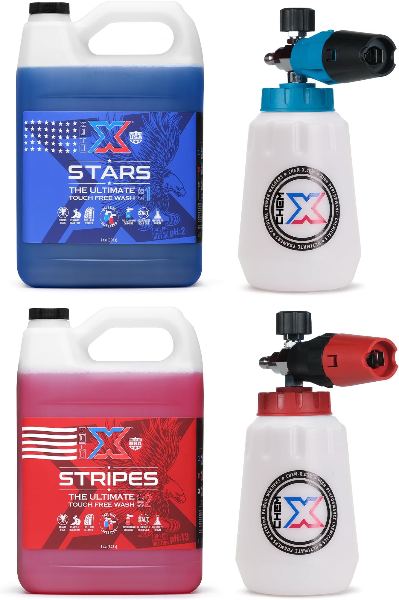 Chem-X: Stars and Stripes Ultimate Touch Free Vehicle Wash Chrome Foam Cannon Kit (1 Gallon Stars + 1 Gallon Stripes)