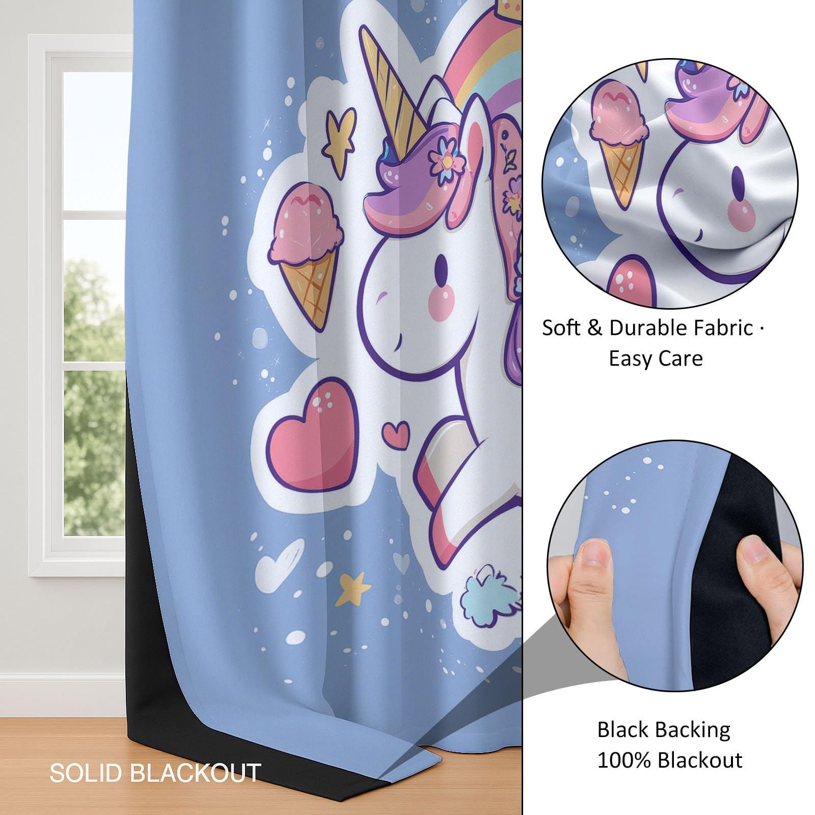 Générique Licorne De Dessin Anim Rideau Occultant Lot de 2 Chambre Enfant Fille Garcon, Bleu Rideaux Acoustiques Opaque Salon Chambre Décoration L 91.5 X H 214 cm