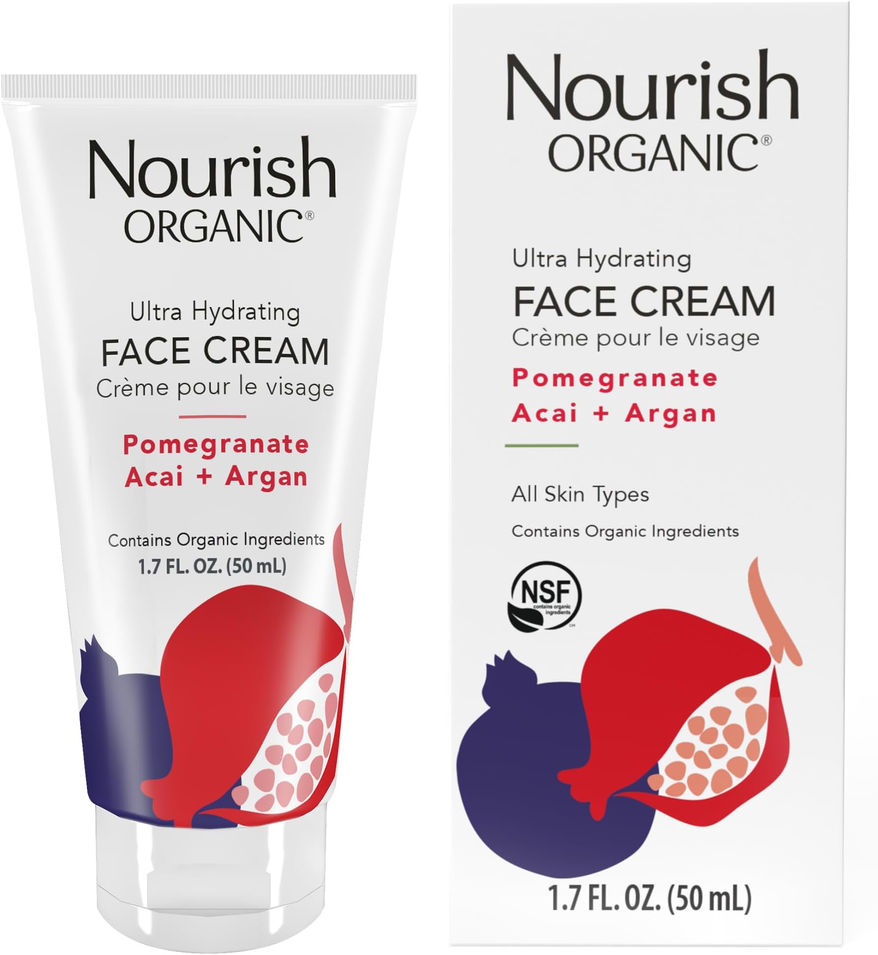 Nourish Organic Face Cream, Pomegranate Acai + Argan – Ultra Hydrating Formula with Aloe Vera & Green Tea Extract, 1.7 Oz + Washable Cotton Round
