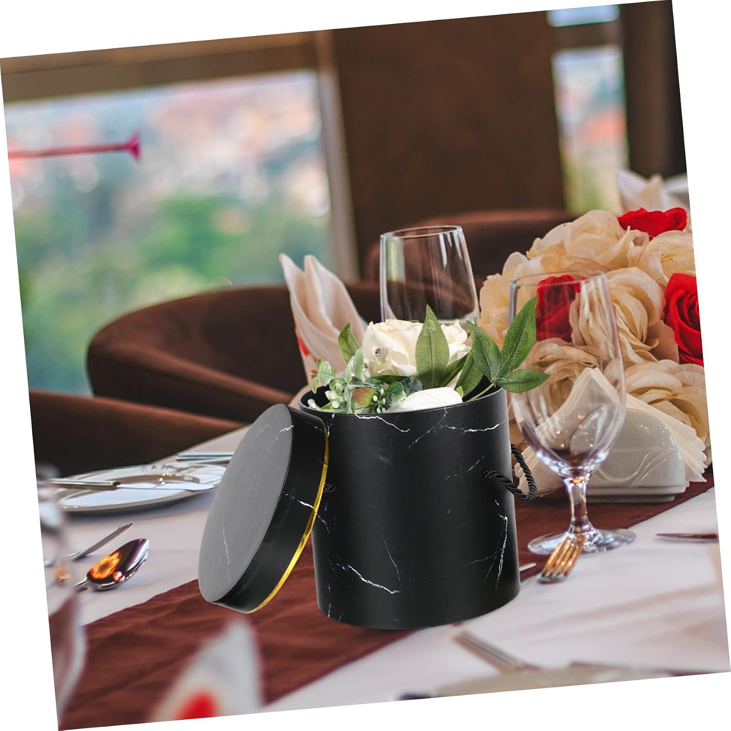 PLAFOPE 2Pcs Black round Flower Box with Handheld Design Cardboard image 5