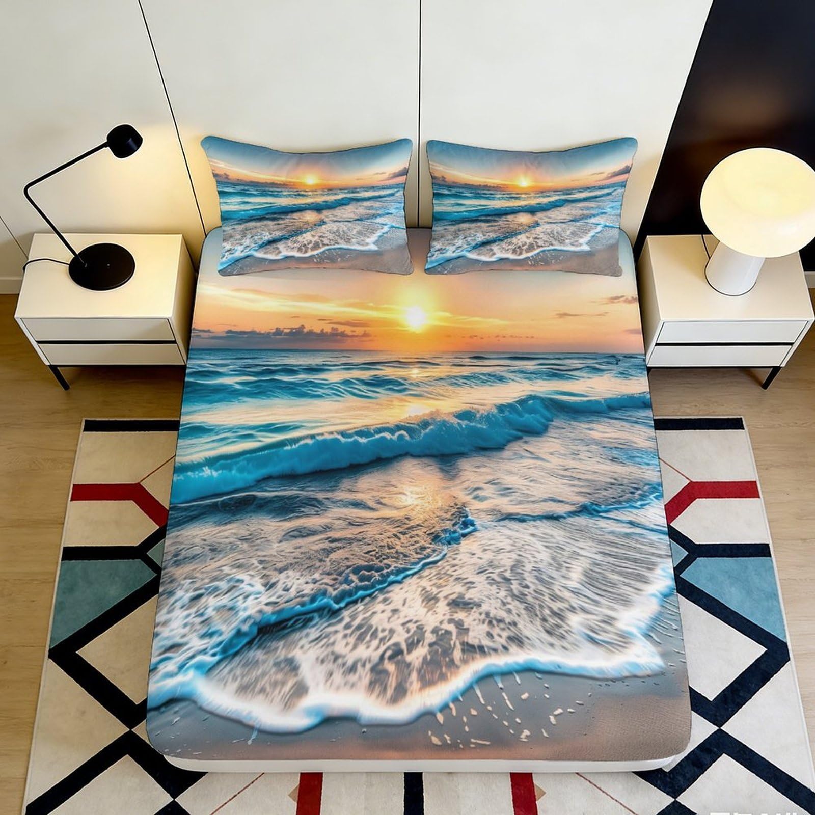 3D Printed Sunset Beach Fitted Sheet Microfiber Soft Ocean Wave Mattress Cover for Bedroom Guest Room Decor 90x200x25cm