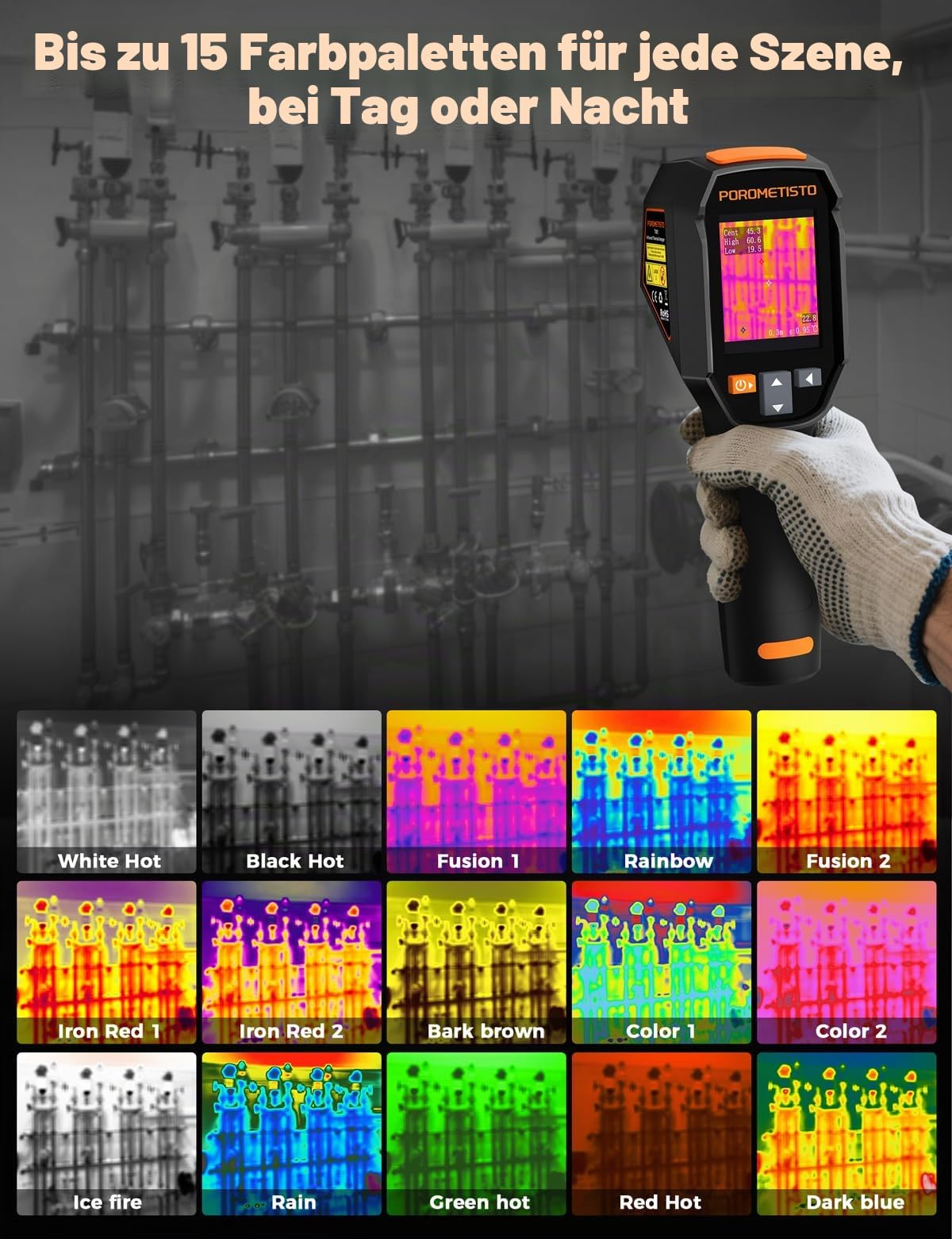 Professionelle Wärmebildkamera Handheld, 240 x 240 Wärmebildauflösung, 25Hz, -20°C bis 550°C, 15 Farbpaletten, mit Emissionsgrad-Anpassung & Laserpointer, für HVAC, Hausinspektion