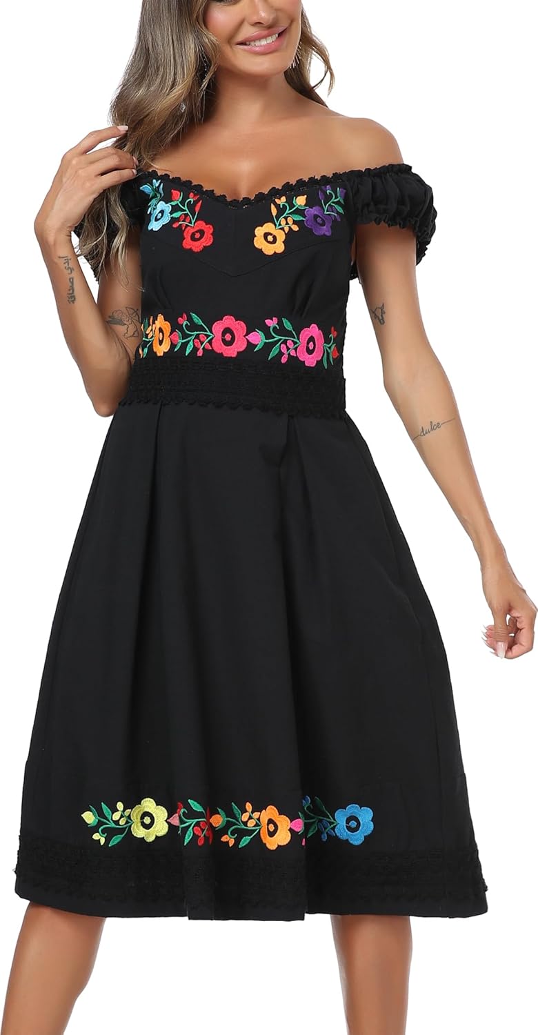 YZXDORWJ Mexican Dress for Women Embroidered Off Shoulder Peasant Cotton Dress Boho Outfit - Image 2