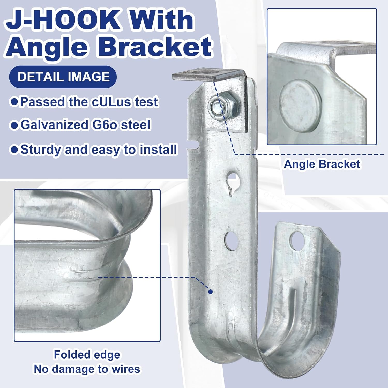 Zonon 1 Pcs J Hooks Ceiling Mount Metal J Hooks Support Heavy Duty G60 Galvanized Steel Cable Management for Hanging Attaching to Vertical Surfaces, Ul Certification Ceilings Beams (2 Inch)