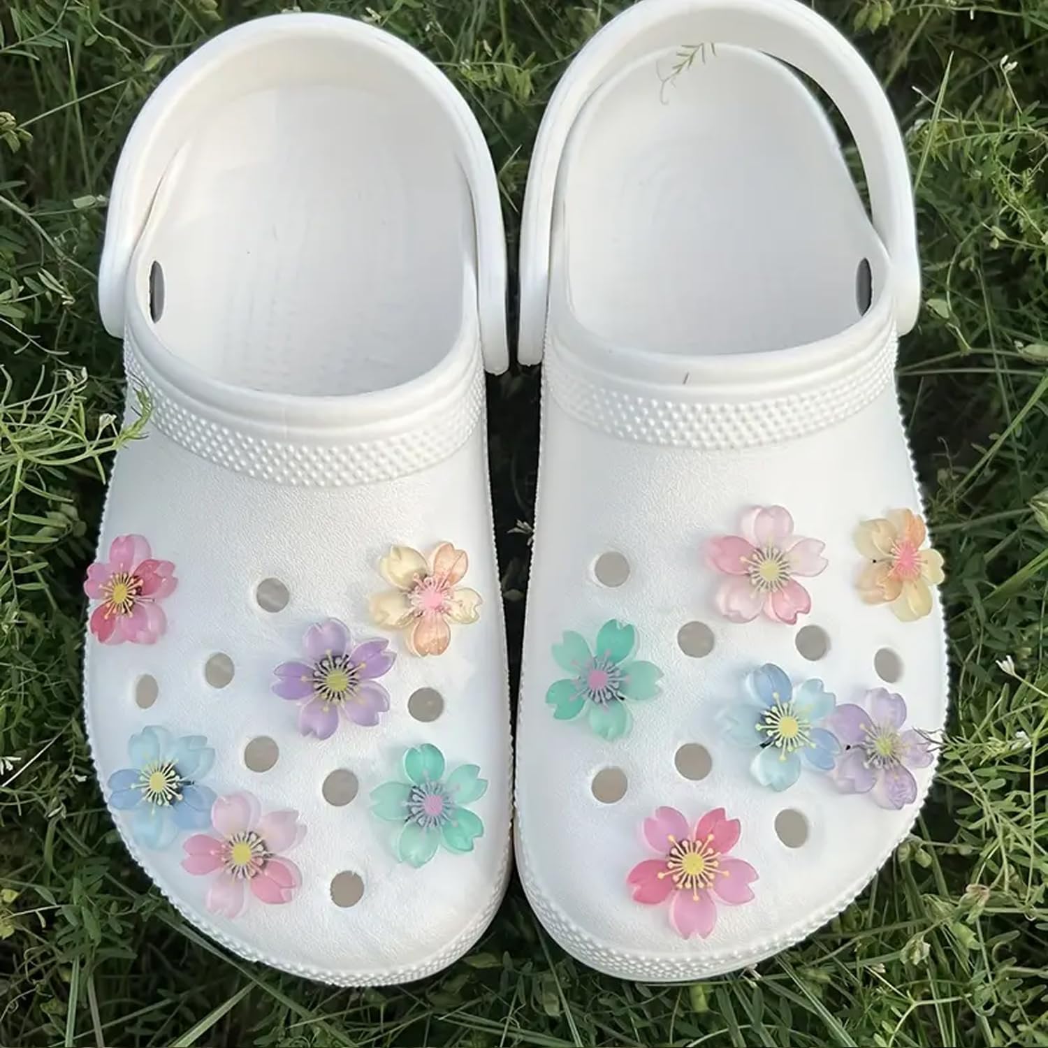12pcs Luminous Sakura Cherry Blossoms Flower Shoe Charms for Shoes, DIY Glow in Dark Sandals Slipper Decoration Accessories Buckle Pins for Girls Favor Gifts