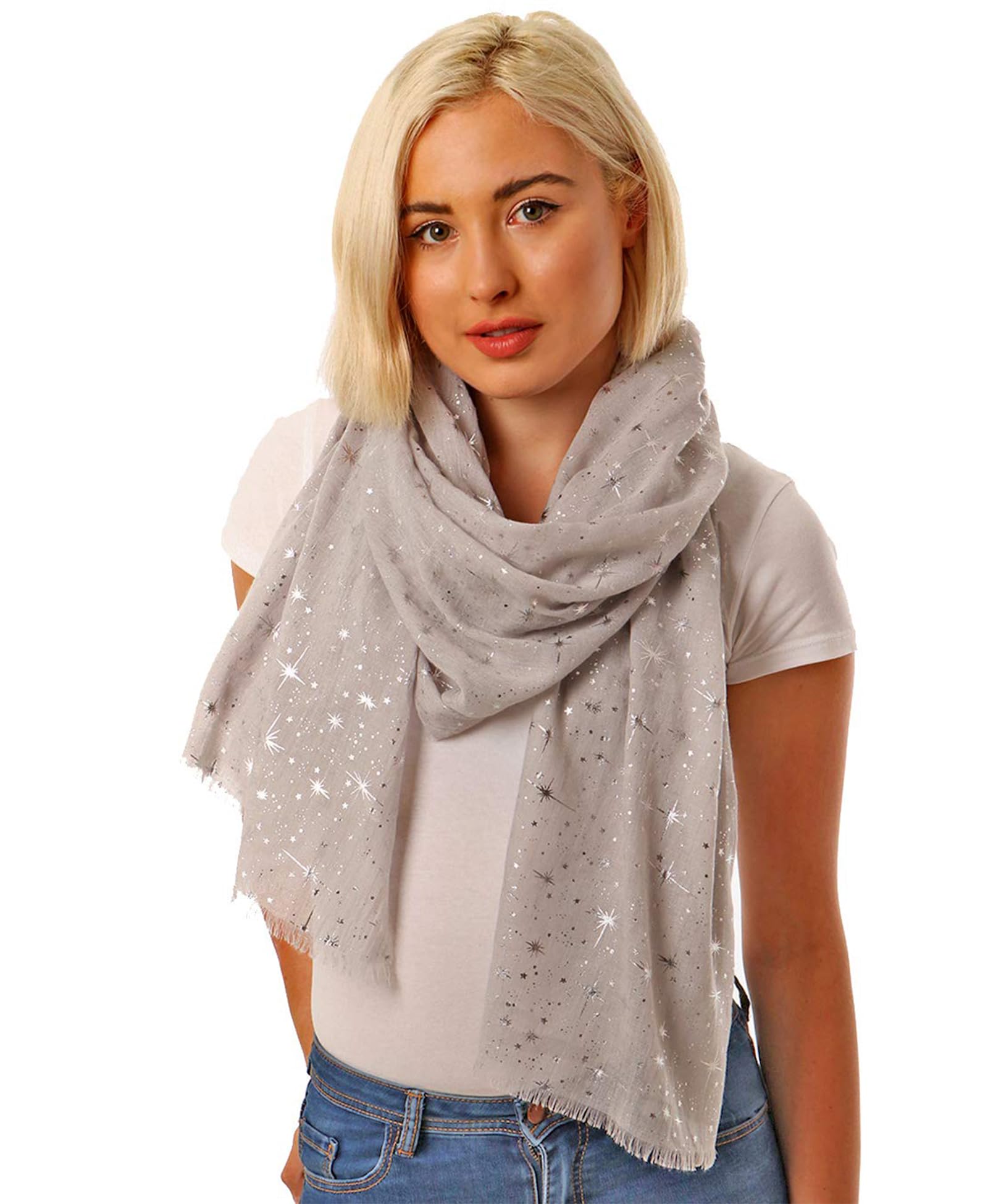 Style Slice Women's B Light Grey Scarf With Silver Stars Star Moon Scarf For Lightweight Foil Shawl Wrap