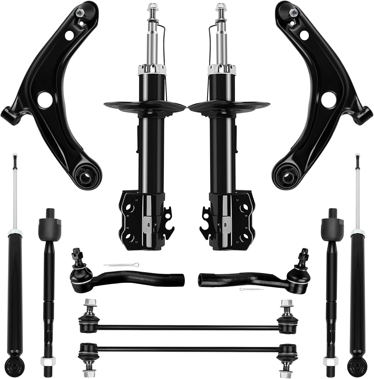 Struts shock absorber Control Arm and Ball Joint Assembly Stabilizer Bar Link Kit Tie Rod End Fit for Toyota Yaris 2007-2012, Suspension Kit for 334472FR 72288 334473FL 72289 343442R 12 PCS