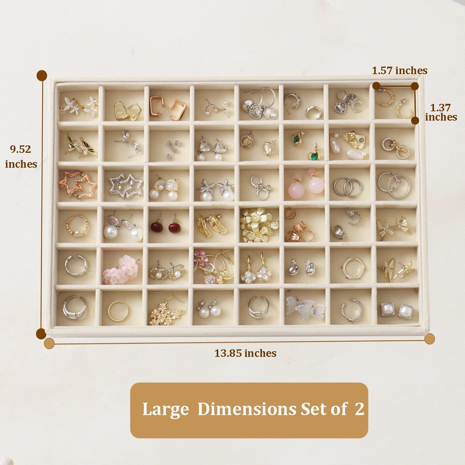 Large Velvet Jewelry Tray 2 Pack Stackable Jewelry Display Drawer Inserts Trays Organizer for Earring Bracelet Necklace Ring (Beige, 48 Grids) - Image 3
