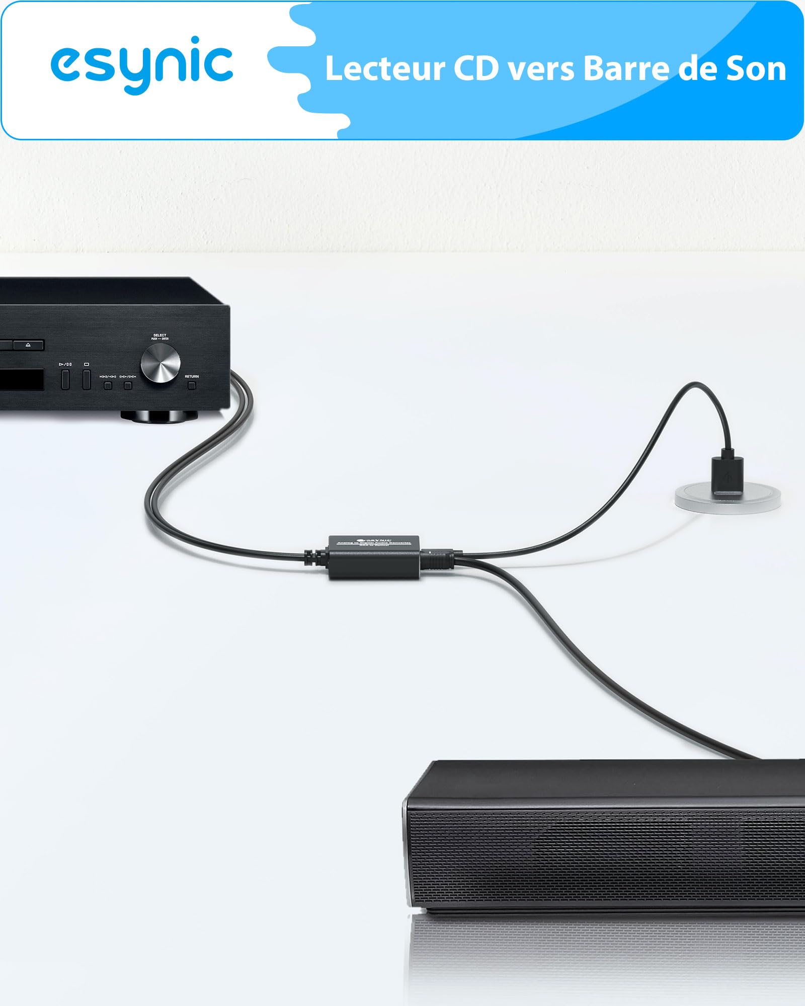 eSynic Convertisseur RCA vers SPDIF RCA vers Optique 48KHz Alliage Aluminium Câble Intégré de 1,1m Convertisseur Audio Analogique-numérique pour Platine CD DVD vers Soundbar