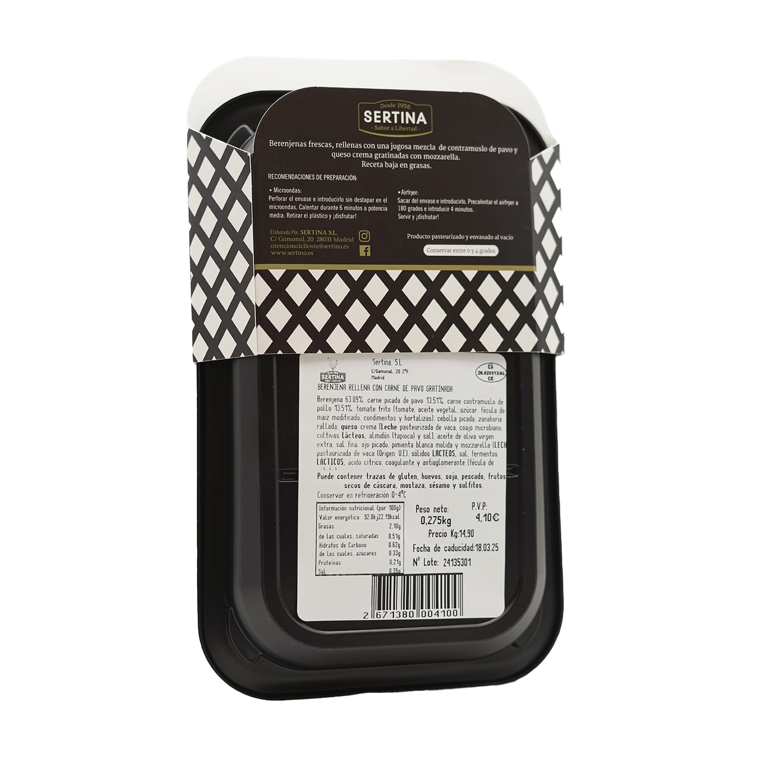 Sertina Berenjenas Rellenas con Carne de Pavo, Pack de 6 x 350g - Comida Gourmet Lista para Comer, Berenjenas, Pavo Picado, Mozzarella, Receta Tradicional, Ingredientes Naturales