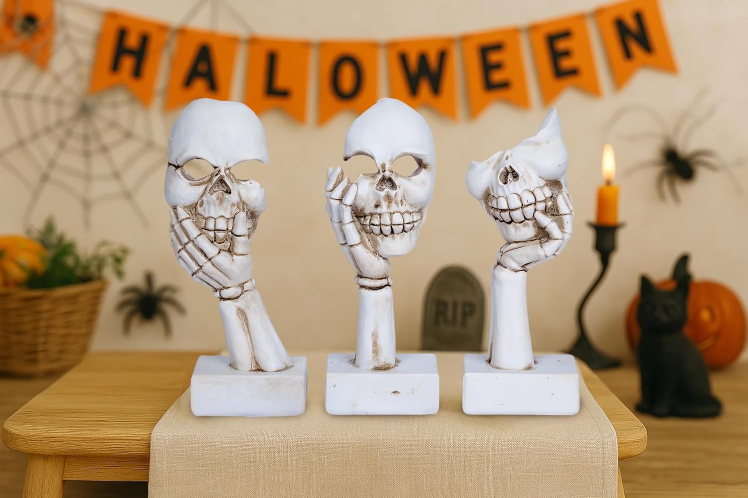 3 Pieces Face Halloween Skeleton Statue Mask Halloween Skull Figurine Home Decor 6.5”Funny Skeleton Collectible Figurines Gothic Desk Ornaments for Indoor Living room Office Table Shelf Bookshelf