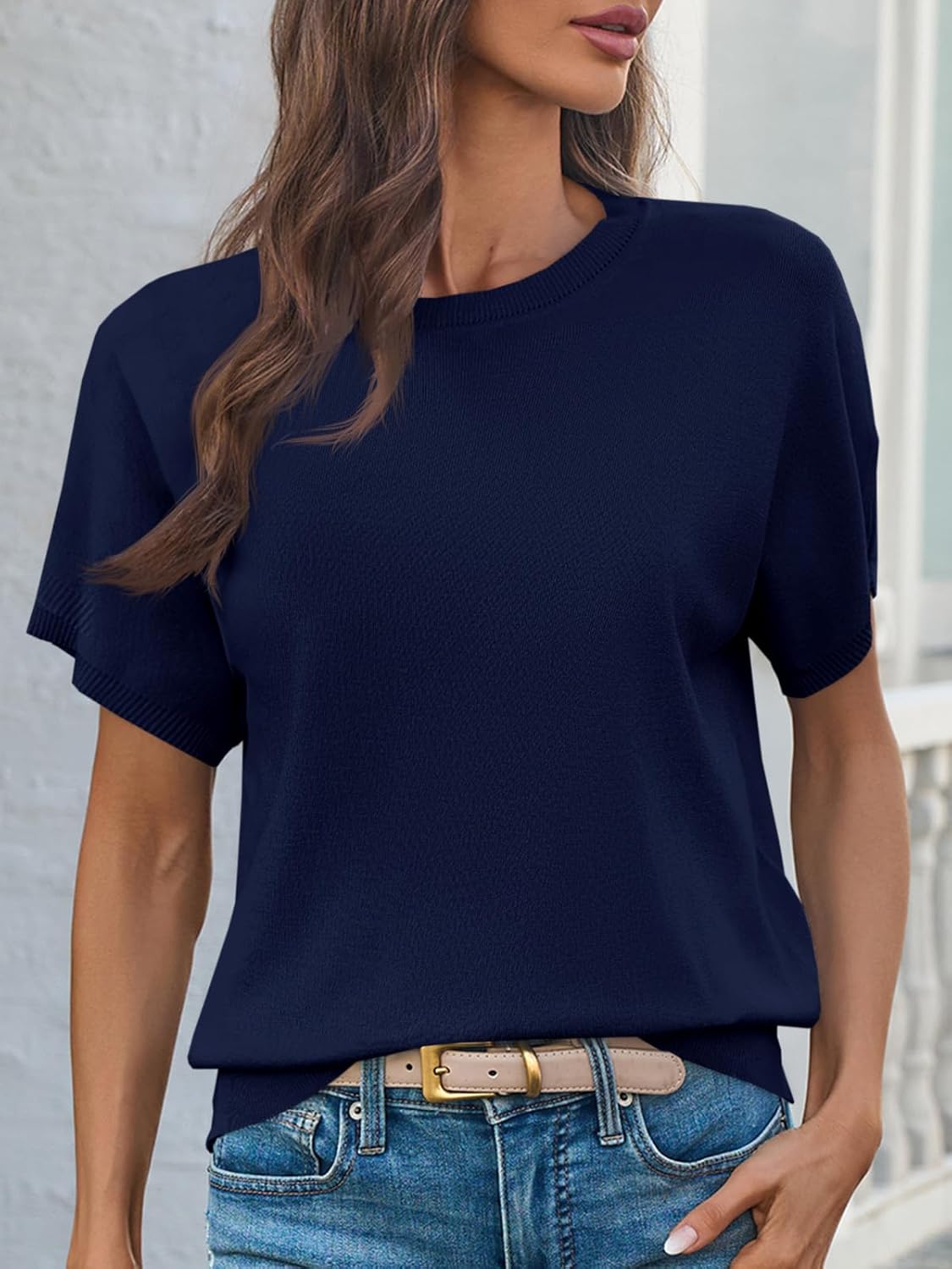 Saodimallsu Women's Short Sleeve Crew Neck Knit Pullover Sweater X-Large Navy Blue