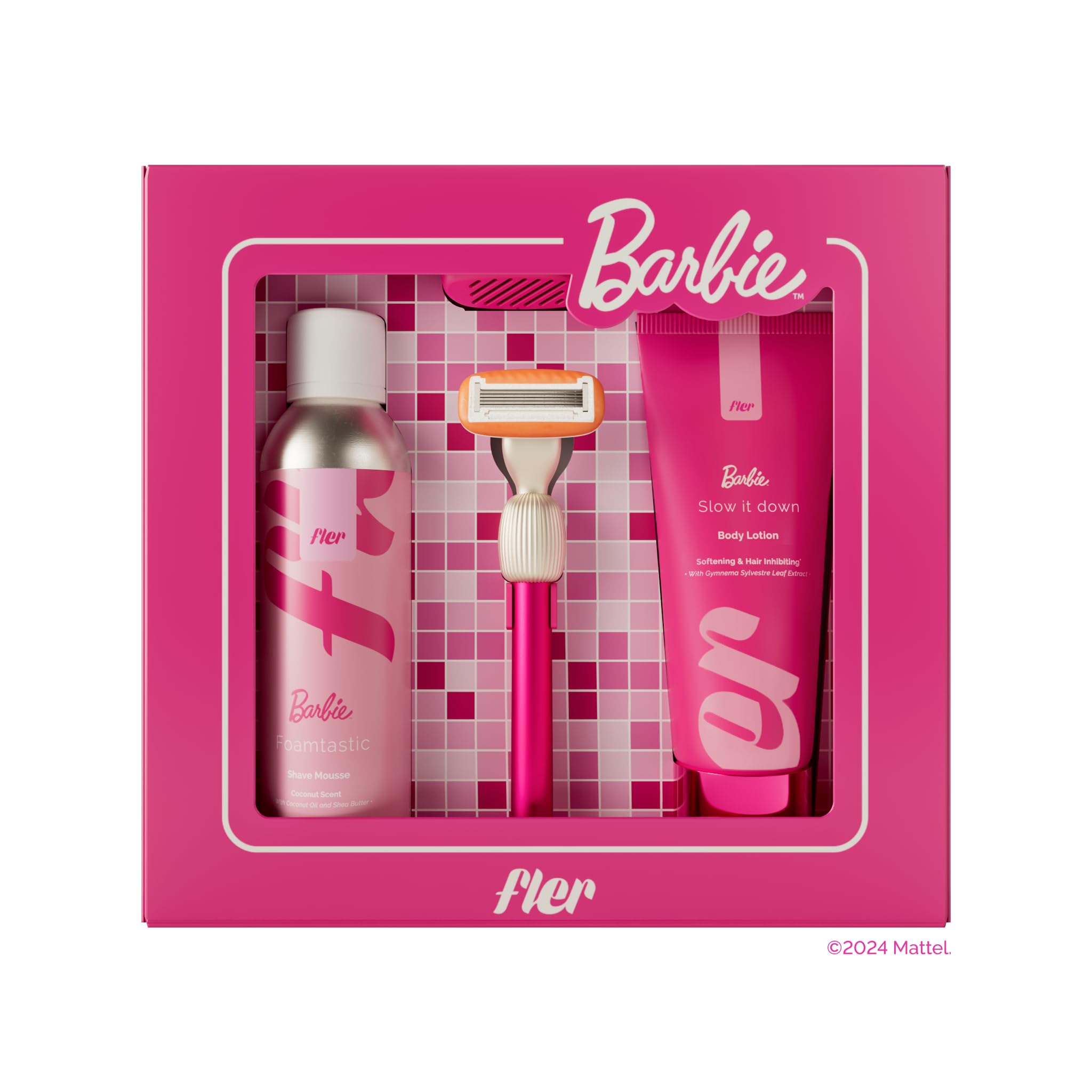 THAT PINK SET Barbie™ x Fler - Rasoio Donna con Supporto e 2 Lamette di Ricambio, Rasoi Unisex, Set con Mousse per la Depilazione e Crema Corpo Lenitiva, Lametta con Aloe Vera