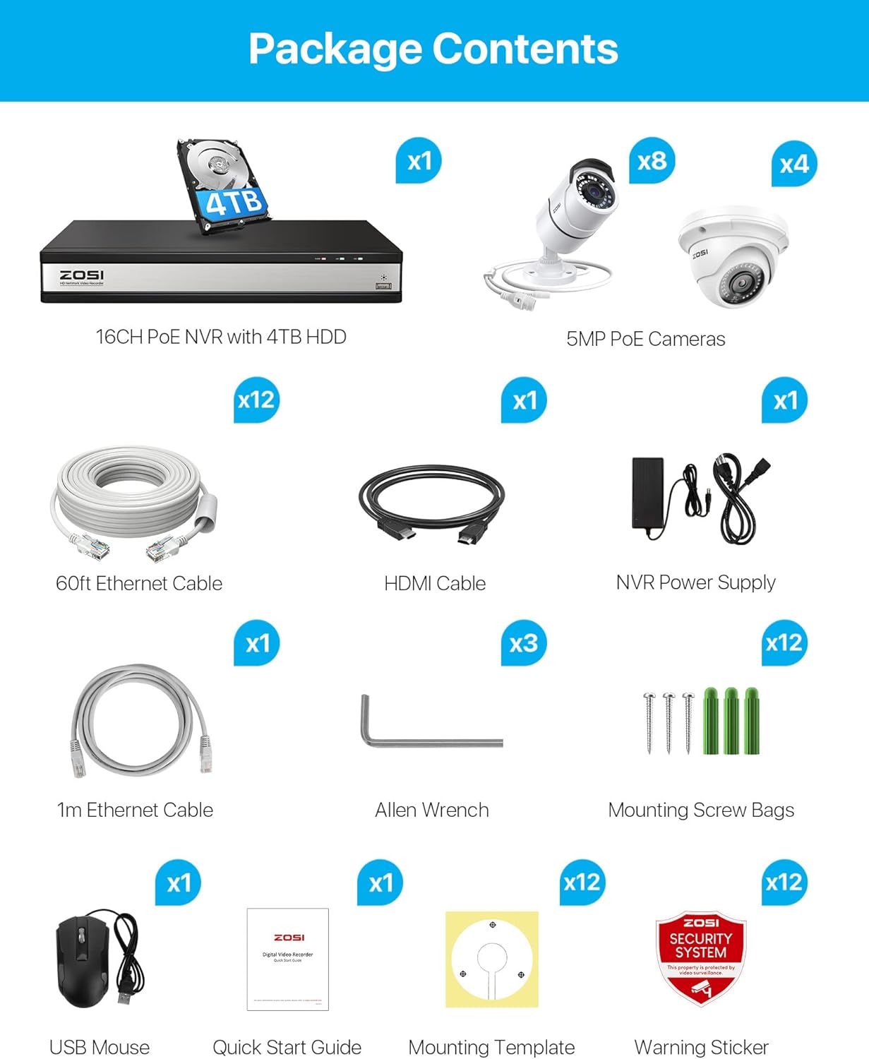 ZOSI 4K 16CH Security PoE Camera System,H.265+ 16 Channel 8MP CCTV NVR with Hard Drive 4TB and 12 x 5MP PoE IP Surveillance Cameras Outdoor Indoor,120ft Night Vision,Remote Access,24/7 Recording