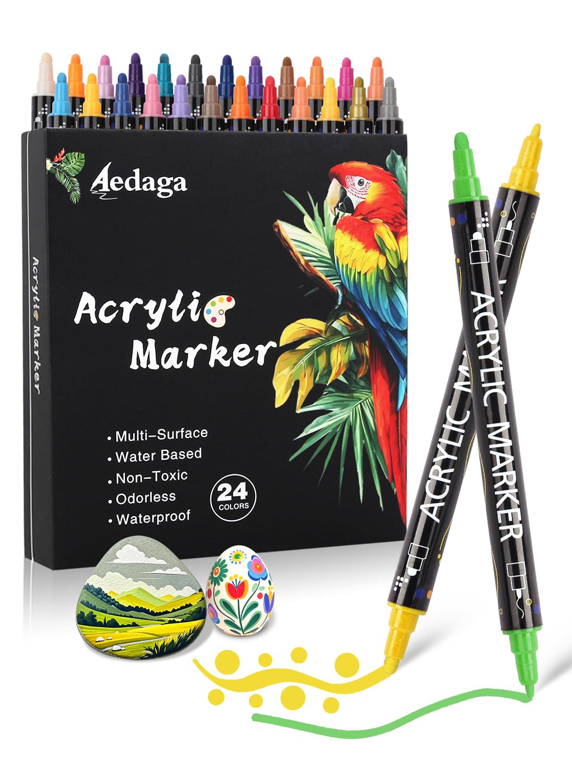 AEDAGA 24 Colors Acrylic Paint Pens,Acrylic Paint Markers Dual Tip with Fine Tip and Dot Tip,Dot Marker for Adults, Glass, Stone, Wood, Canvas, Paper,