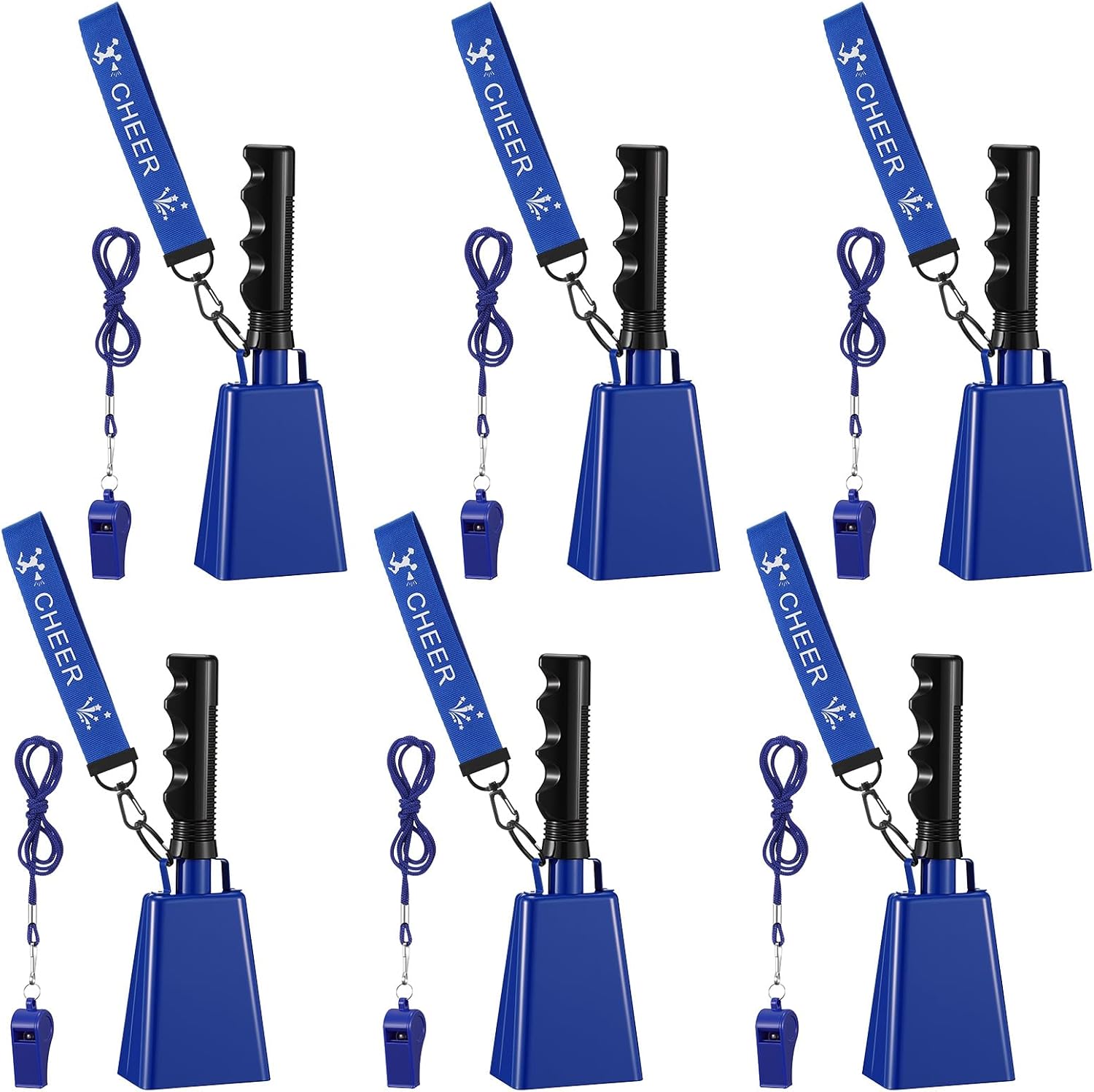 12pcs 9 Inch Blue Metal Cowbell Sports Whistles with Lanyard Cowbell Noise Maker with Handle for Football Games Sports Parties Competitions Cheering Percussion Instrument