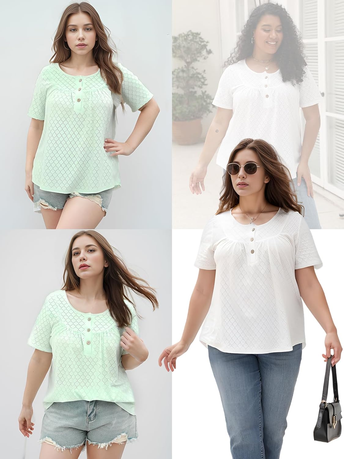 VISLILY Womens-Plus-Size-Summer-Tops Buttons Up Henley Shirts Flowy Pleated Tunics Trendy Eyelet Short Sleeve Blouses - Image 4